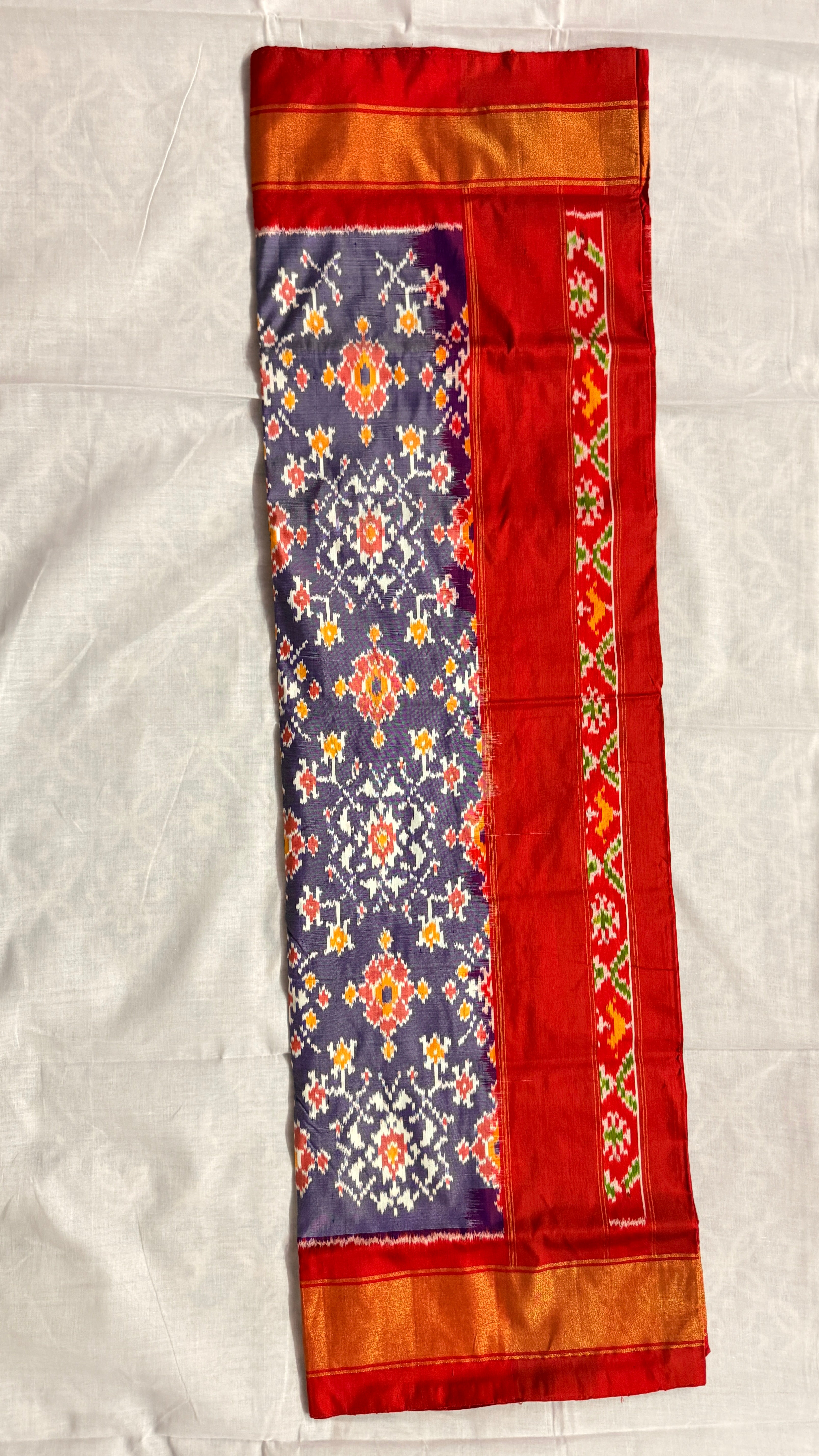 Handloom Pochampally Ikat Silk Saree – Red & Navy Blue Body with Orange Border | Pure Silk | Silk Mark Certified THS-11