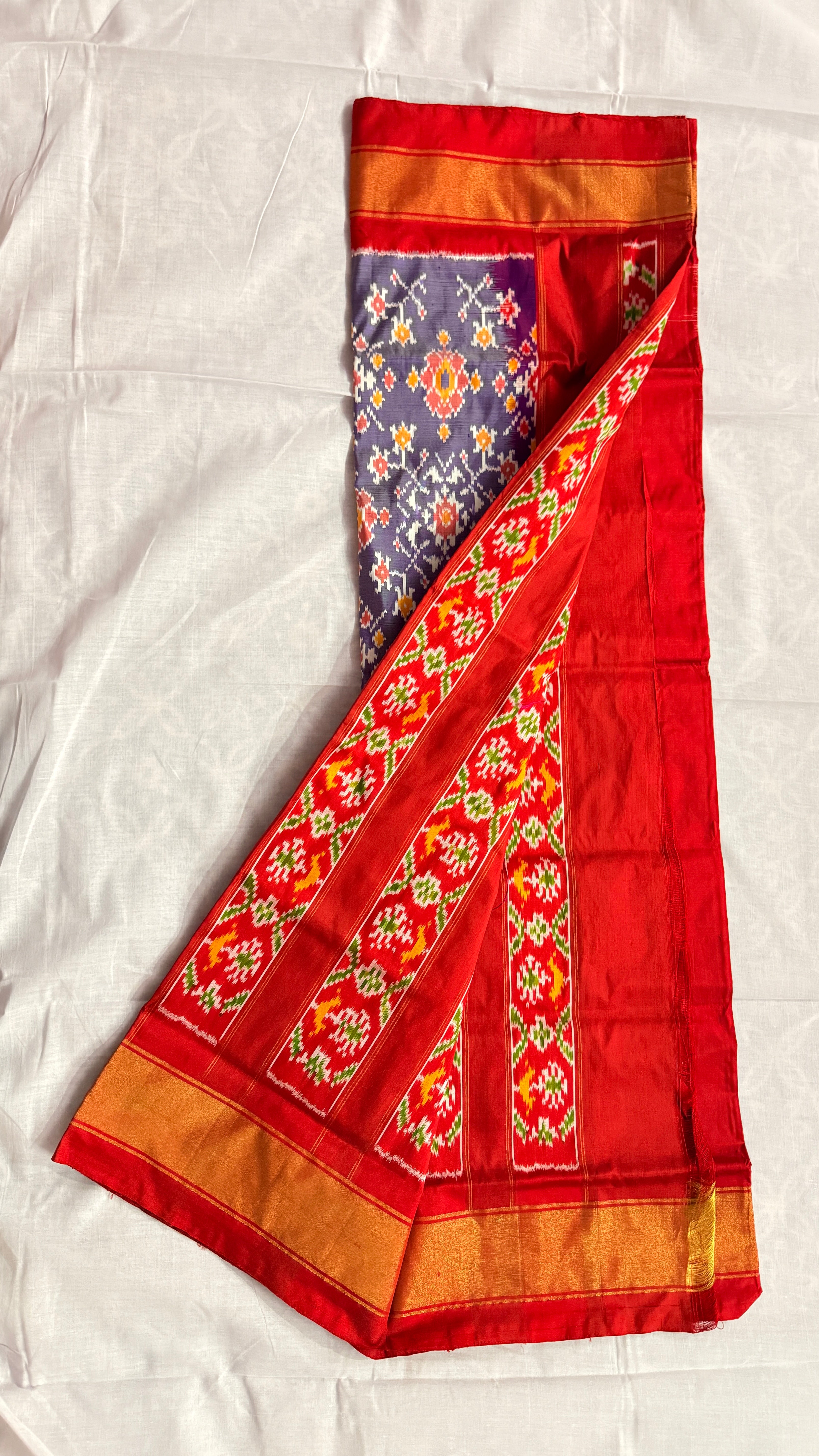 Handloom Pochampally Ikat Silk Saree – Red & Navy Blue Body with Orange Border | Pure Silk | Silk Mark Certified THS-11