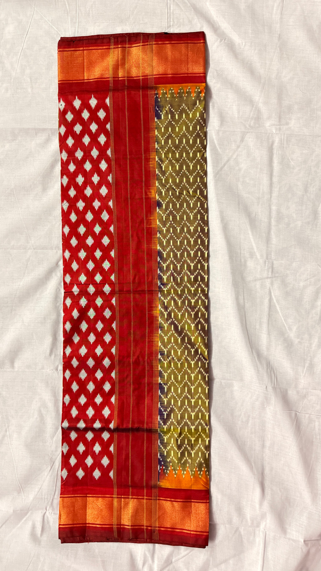 Handwoven Olive Green Ikat Silk Saree with Red–Orange Kaddi Border & Silk Mark Certified ths-18