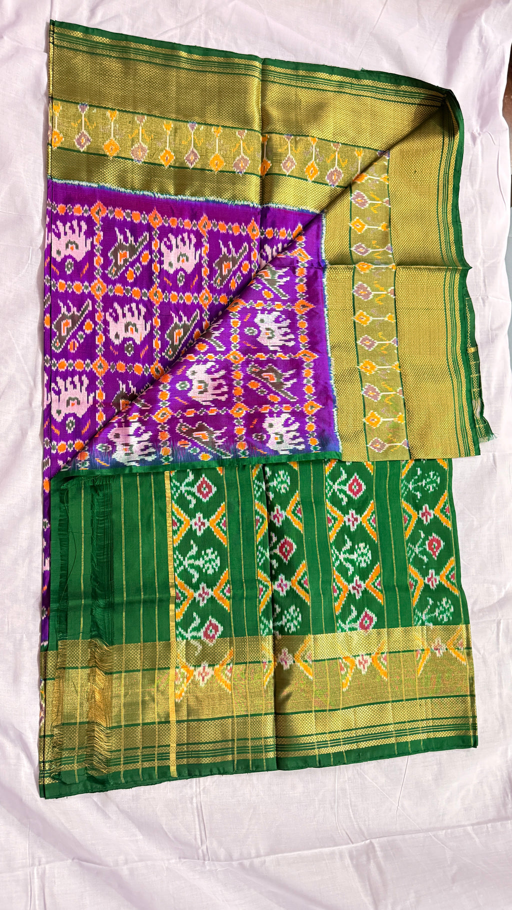 Pochampally Ikat Pure Silk Saree – Green & Purple | Handwoven Elephant Motif Pallu | Rich Gold Zari Border