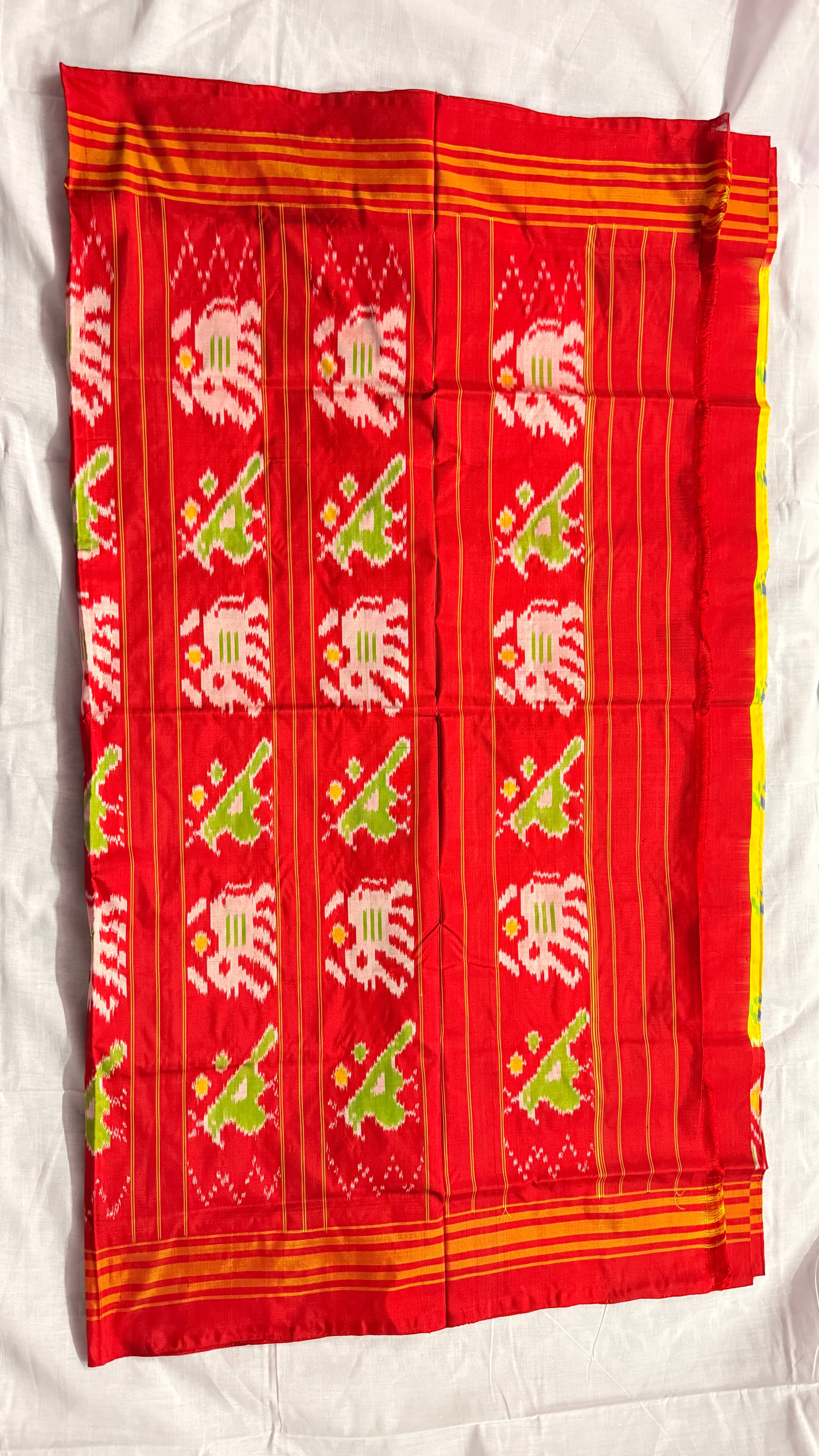 Bright Yellow Pochampally Ikat Silk Saree with Red Elephant Pallu ths-19