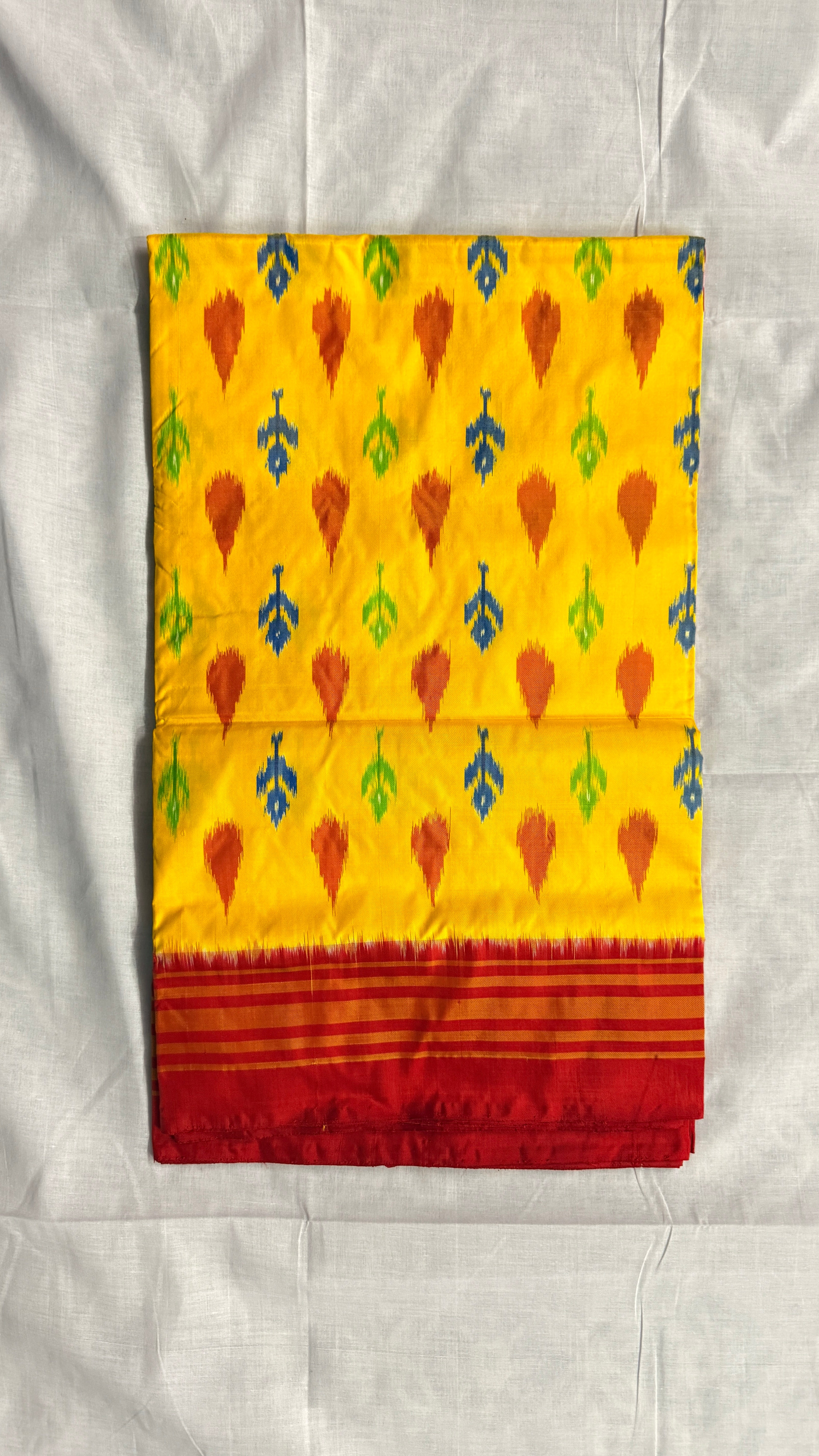 Bright Yellow Pochampally Ikat Silk Saree with Red Elephant Pallu ths-19