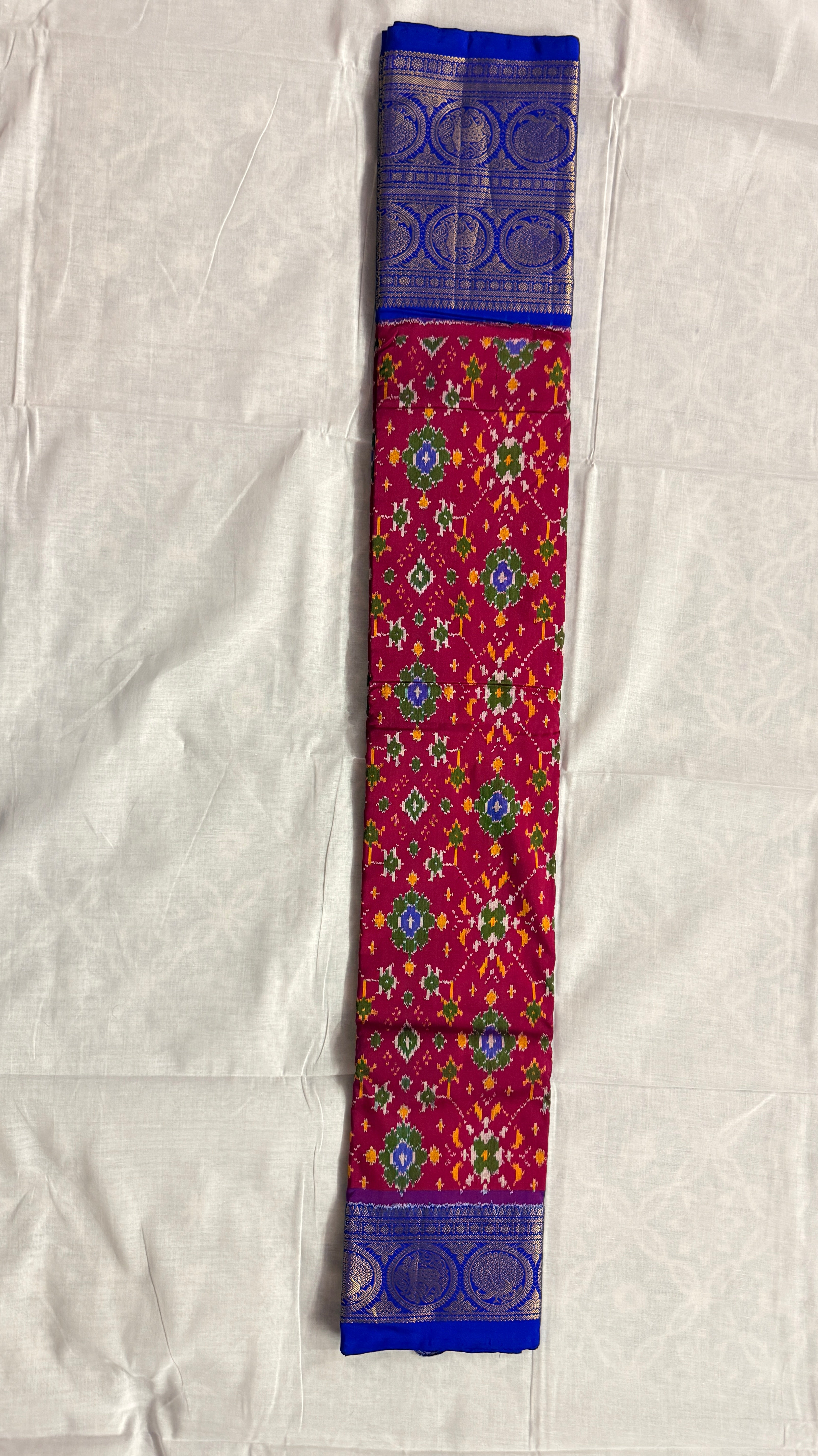 Pochampally Ikat Pure Silk Saree – with Kanchi Royal Blue Border with Red Body & Gold Peacock Zari THS -8