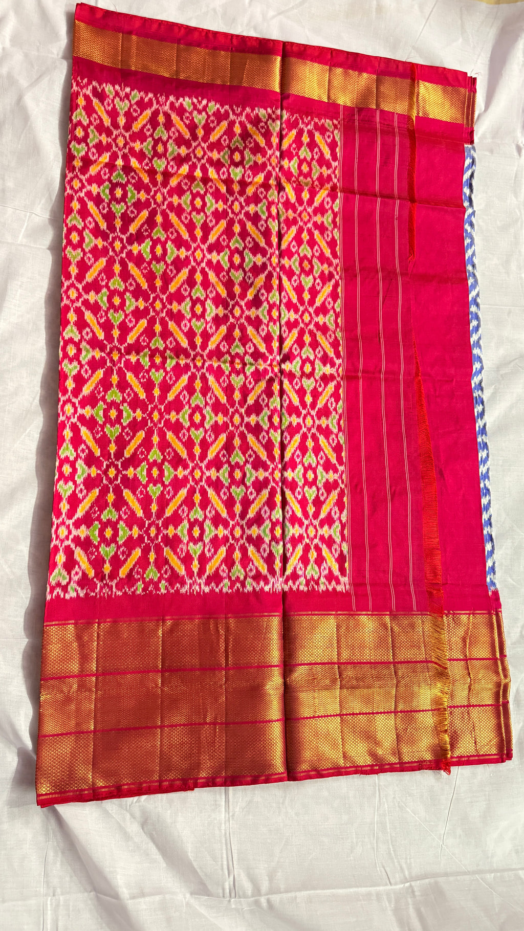 Pochampally Ikat Pure Silk Saree – Blue & Red | Handwoven Ikat Body With Rich Gold Zari Border ths-21