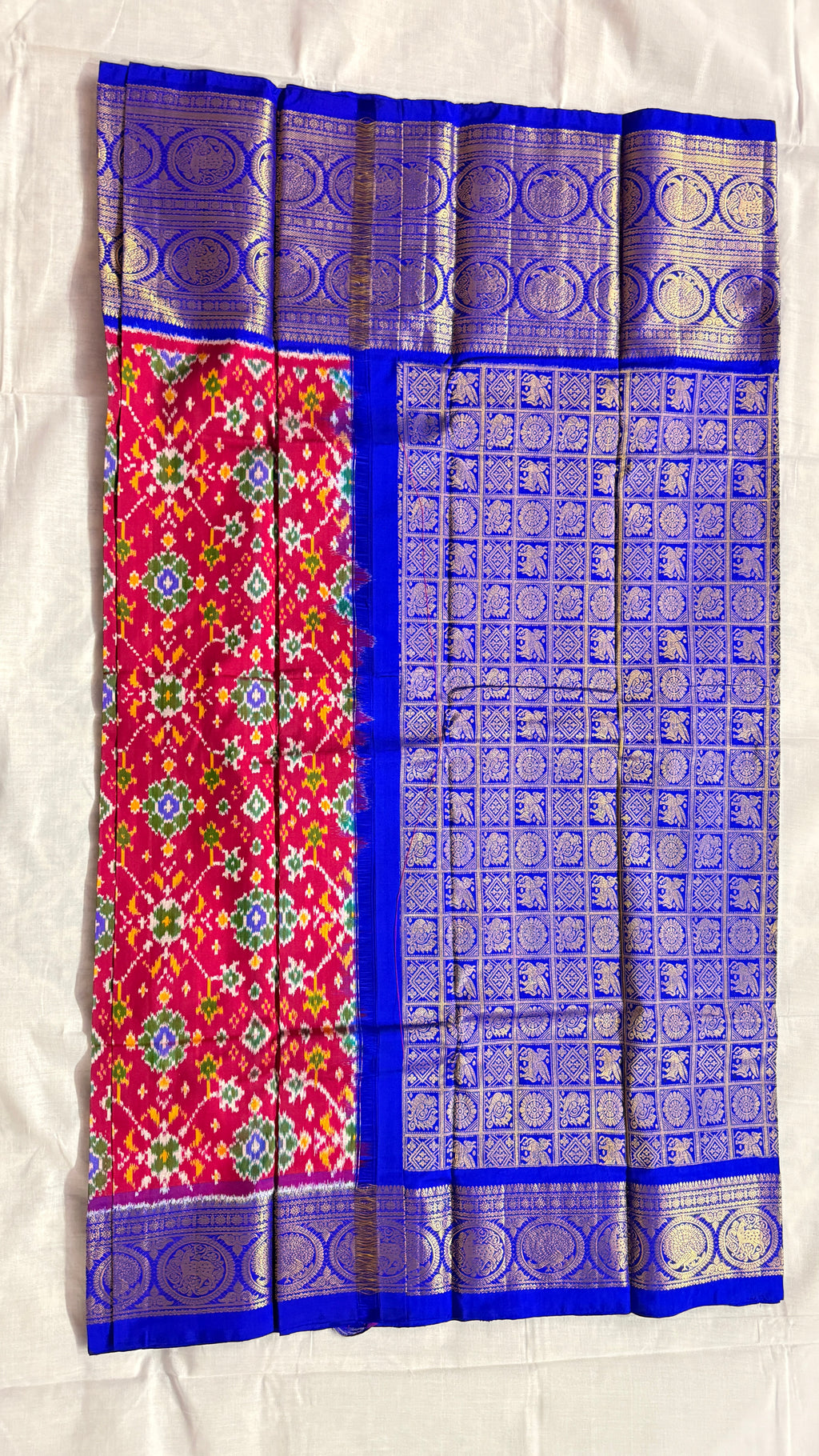 Pochampally Ikat Pure Silk Saree – with Kanchi Royal Blue Border with Red Body & Gold Peacock Zari THS -8