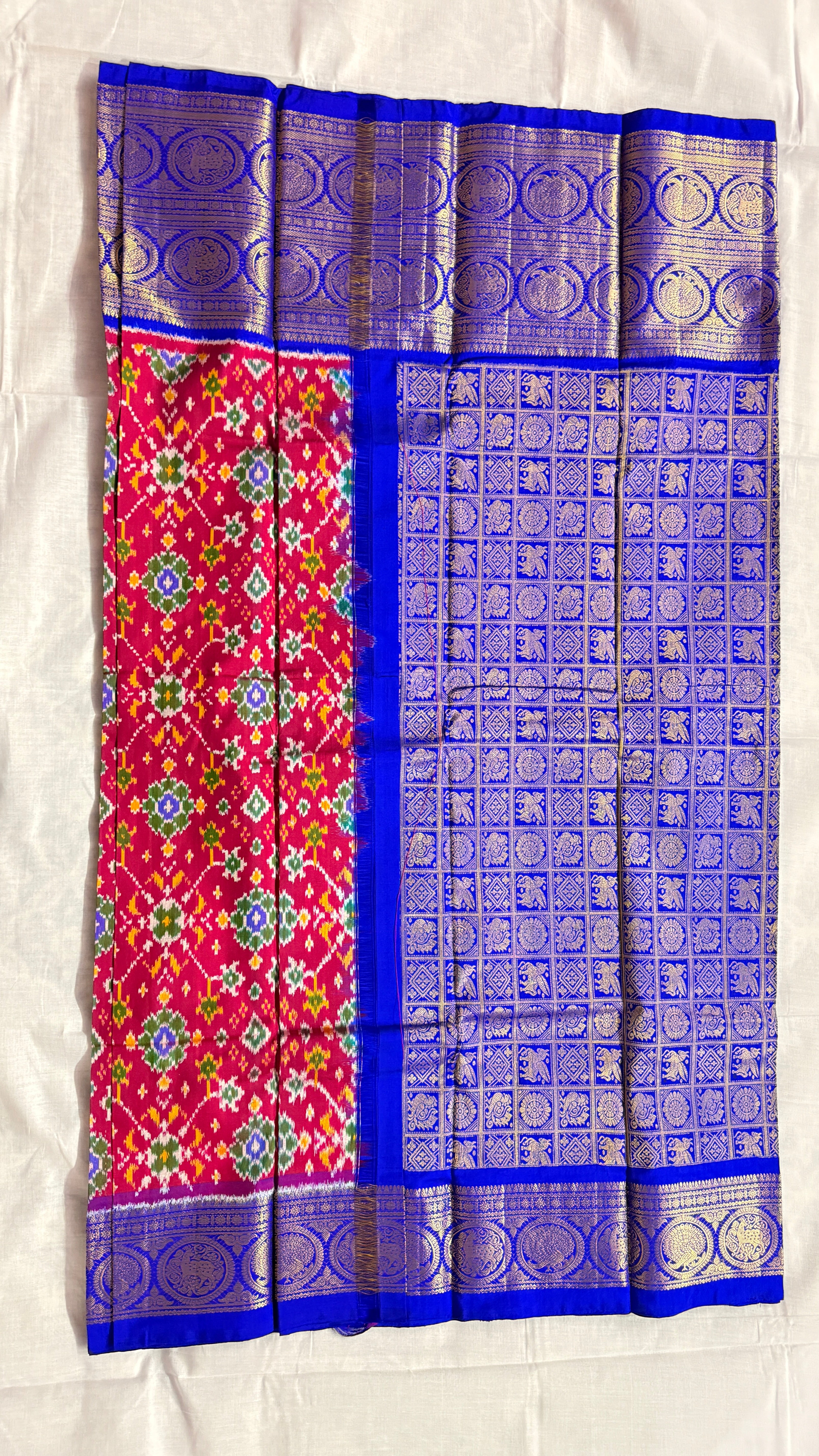 Pochampally Ikat Pure Silk Saree – with Kanchi Royal Blue Border with Red Body & Gold Peacock Zari THS -8