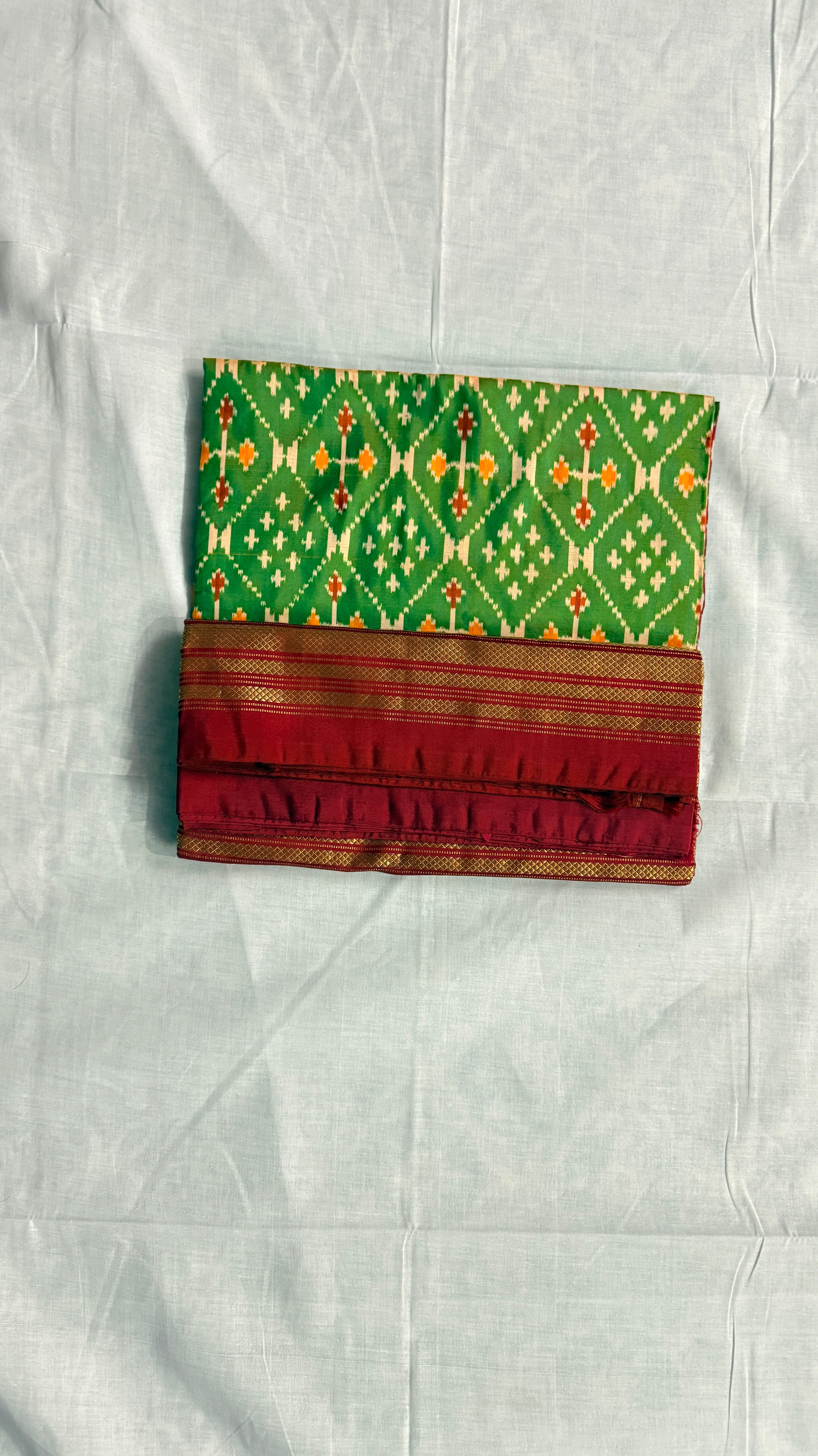 Pochampally Ikat Pure Silk Saree – Green & Maroon | Handwoven Ikat Body With Rich Gold Zari Border ths-20