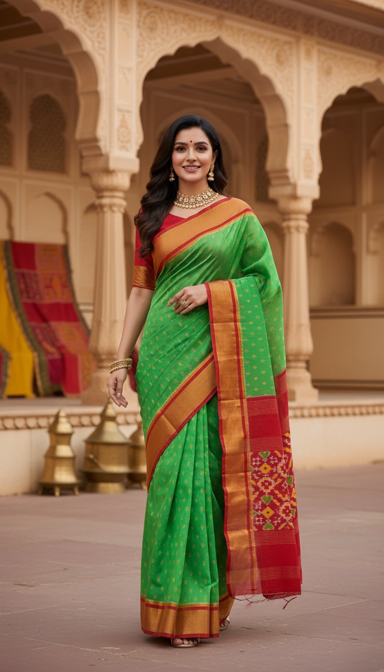 Pochampally Ikat Pure Silk Saree in Green with Red Ikat Pallu & Kuttu Copper Zari Border THS-7
