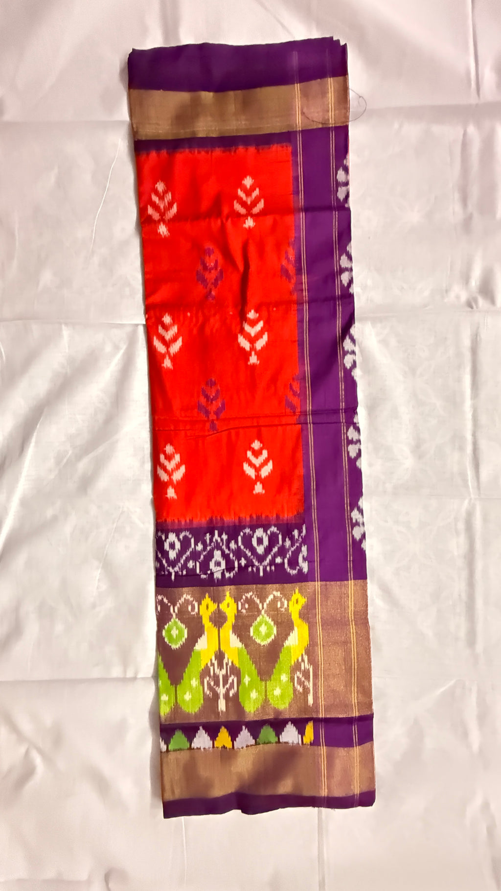 Pochampally Ikat Pure Silk Saree – Red & Purple with Peacock and Floral Motifs ths-22