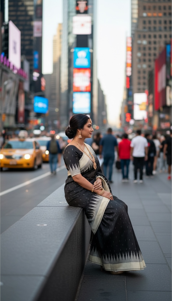 Black & Off-White Pochampally Ikat Cotton Saree | Handwoven Soft Cotton thc -4