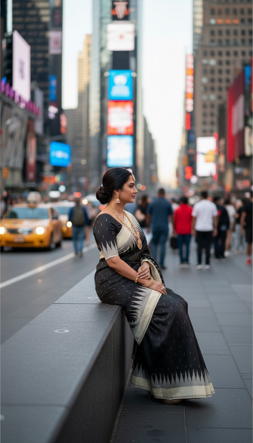 Black & Off-White Pochampally Ikat Cotton Saree | Handwoven Soft Cotton thc -4