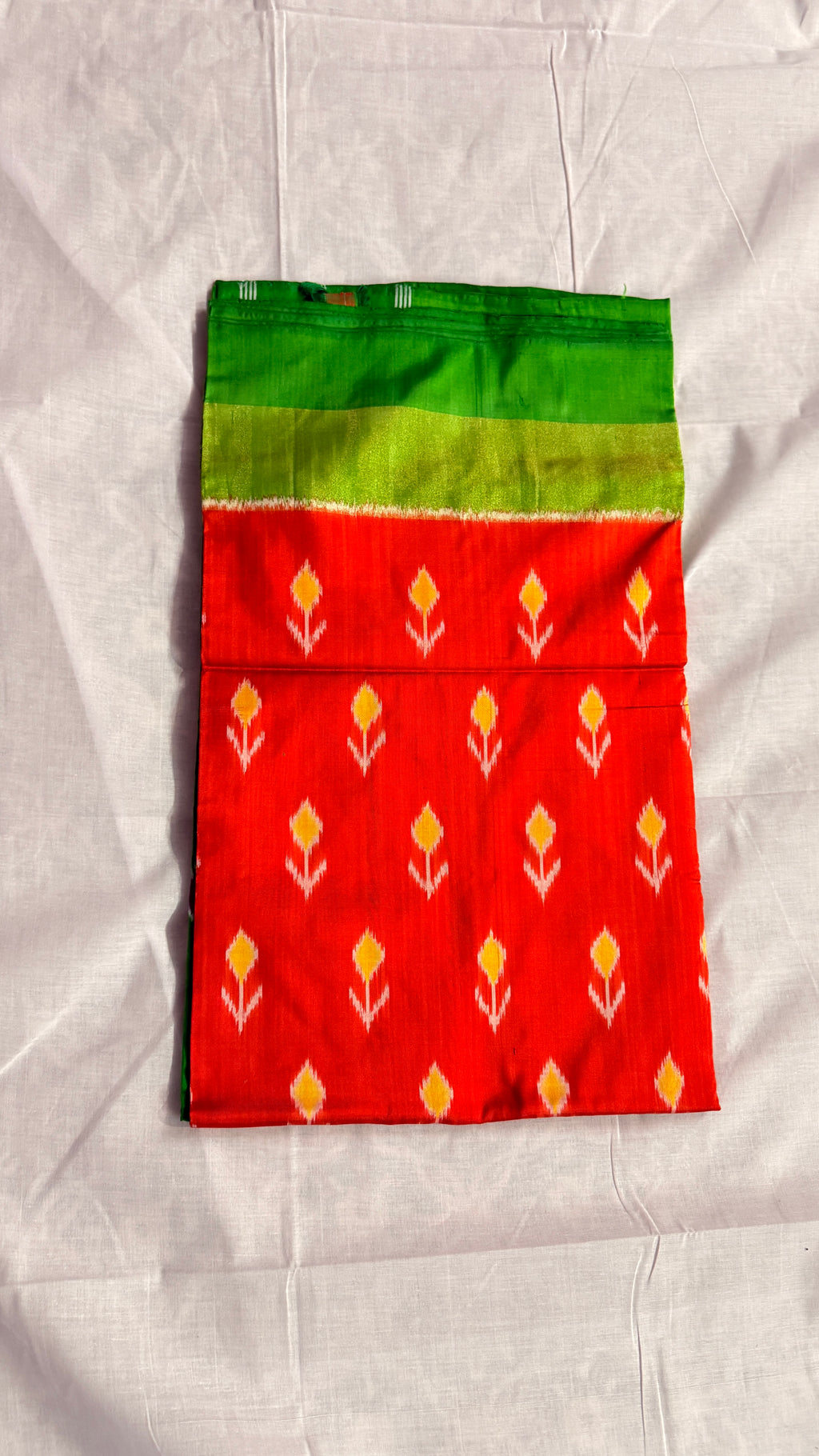 Pochampally Ikat Pure Silk Saree – Green & Red | Handwoven Double Ikat Motifs | THs-10