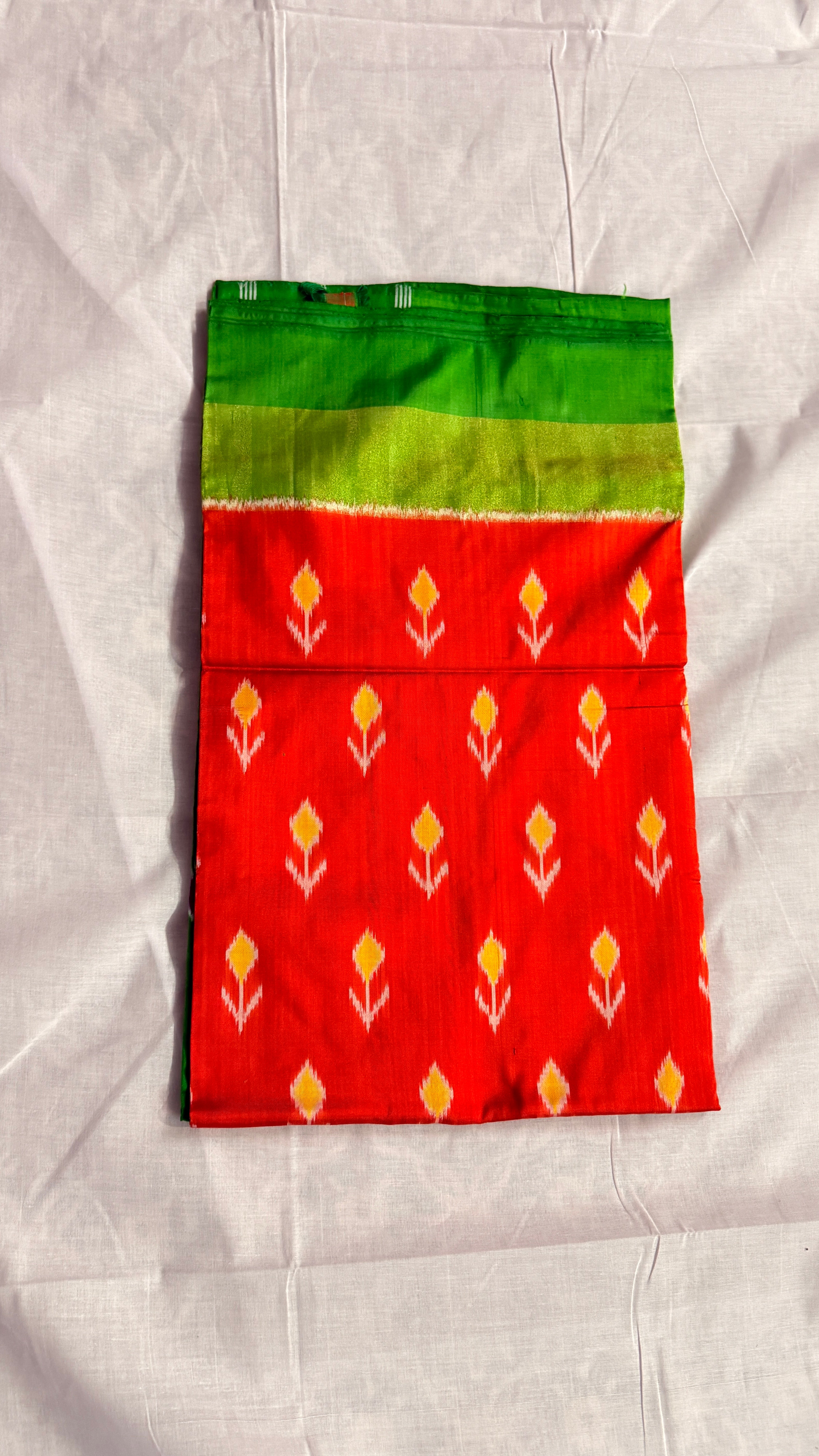 Pochampally Ikat Pure Silk Saree – Green & Red | Handwoven Double Ikat Motifs | THs-10