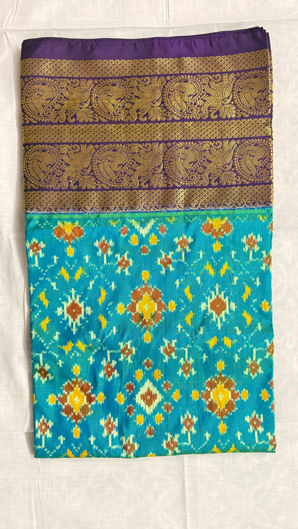Pochampally Ikat Pure Silk Saree – Teal Blue Body with Purple Rich Zari Border | Handloom | Silk Mark Certified THS -12