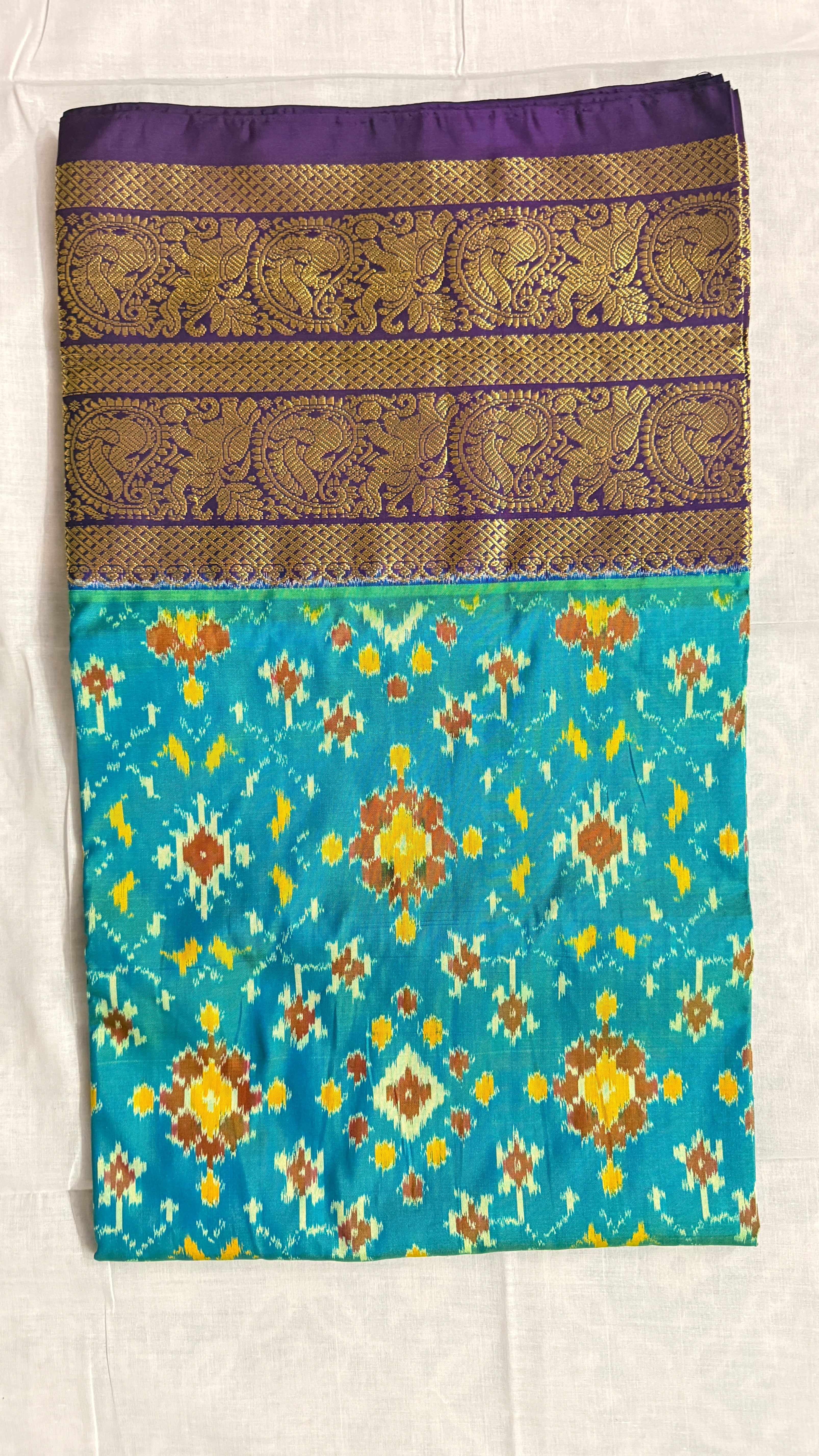 Pochampally Ikat Pure Silk Saree – Teal Blue Body with Purple Rich Zari Border | Handloom | Silk Mark Certified THS -12