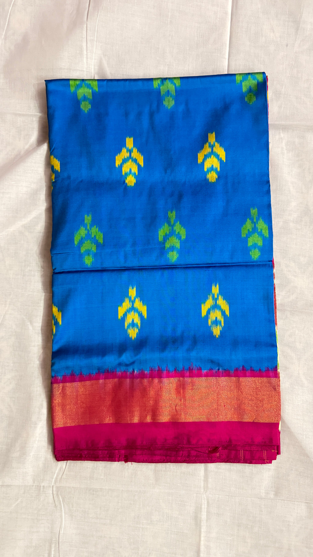 Blue Pochampally Ikat Pure Silk Saree with Pink Peacock Ikat Pallu & Copper Zari Border THS-3