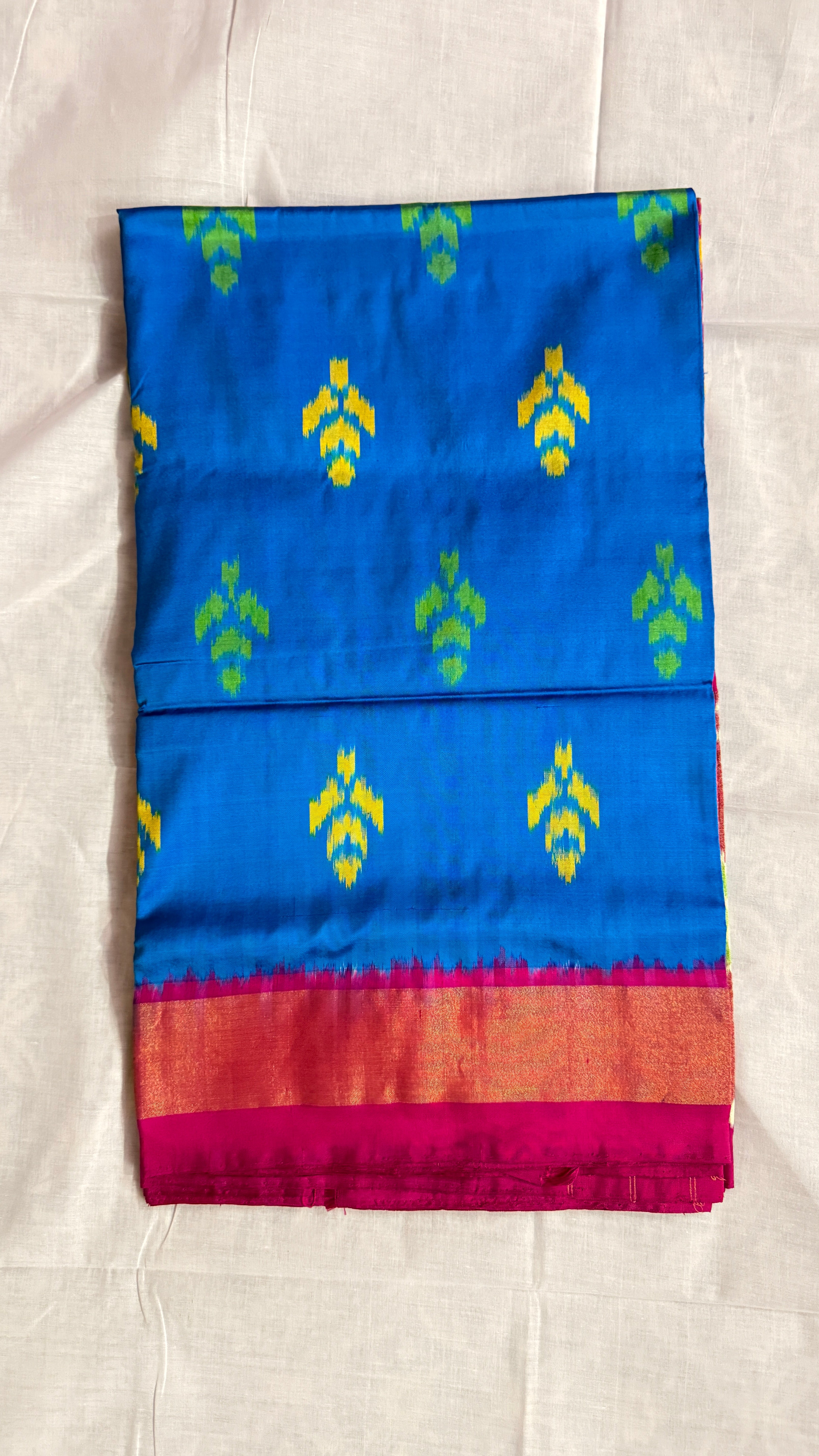Blue Pochampally Ikat Pure Silk Saree with Pink Peacock Ikat Pallu & Copper Zari Border THS-3