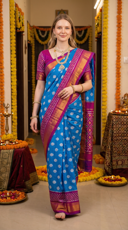 Blue & Pink Pochampally Ikat Pure Silk Saree with Diamond Ikat Pallu & Copper Zari Border THS-4