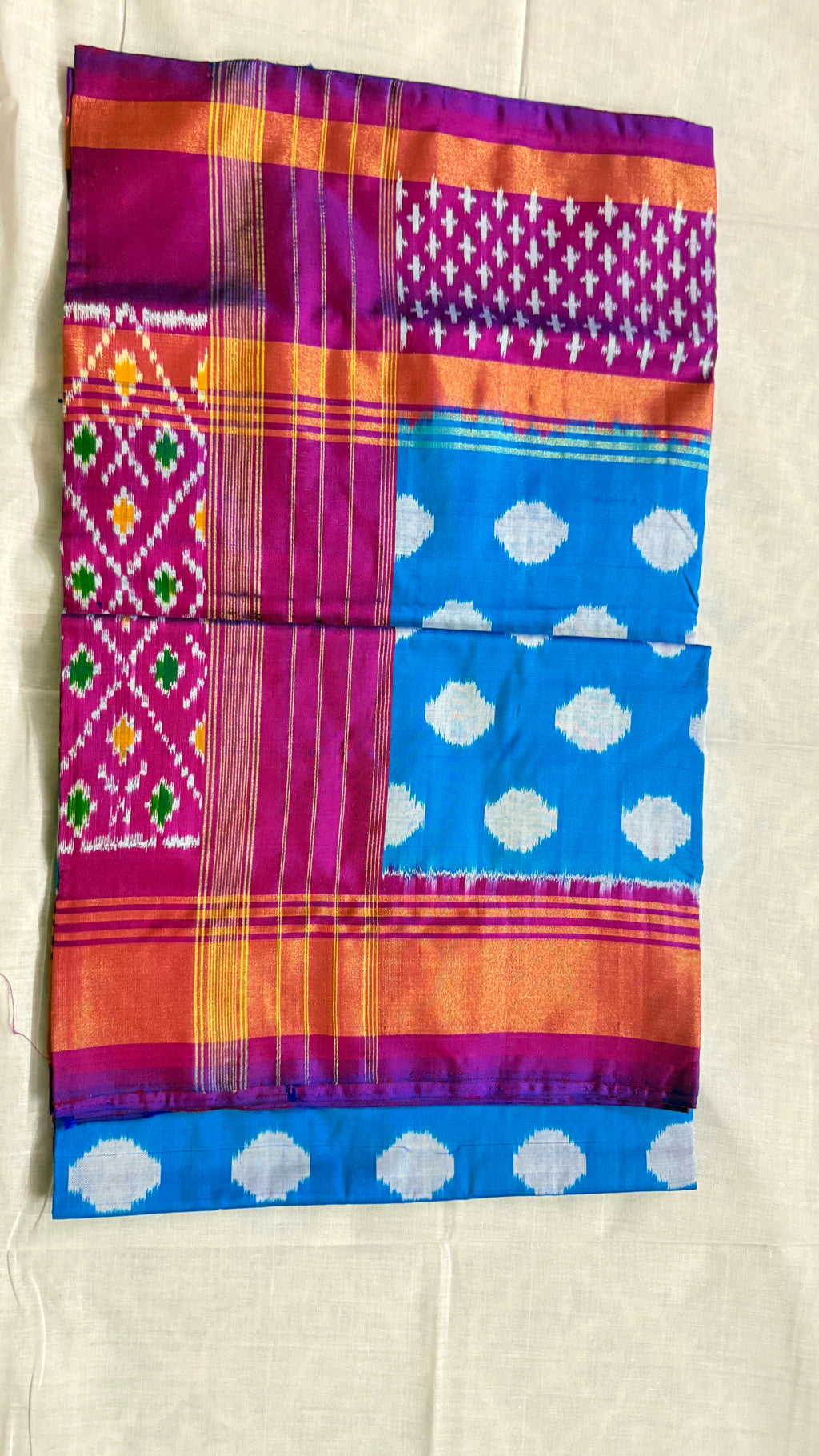 Blue & Pink Pochampally Ikat Pure Silk Saree with Diamond Ikat Pallu & Copper Zari Border THS-4