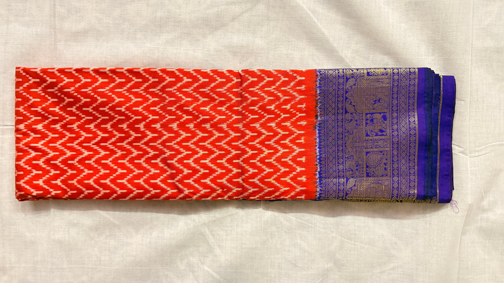 Pochampally Ikat Silk Saree – Red Zig-Zag Body with Royal Blue Kanchi Border & Gold Zari Weave THS-9
