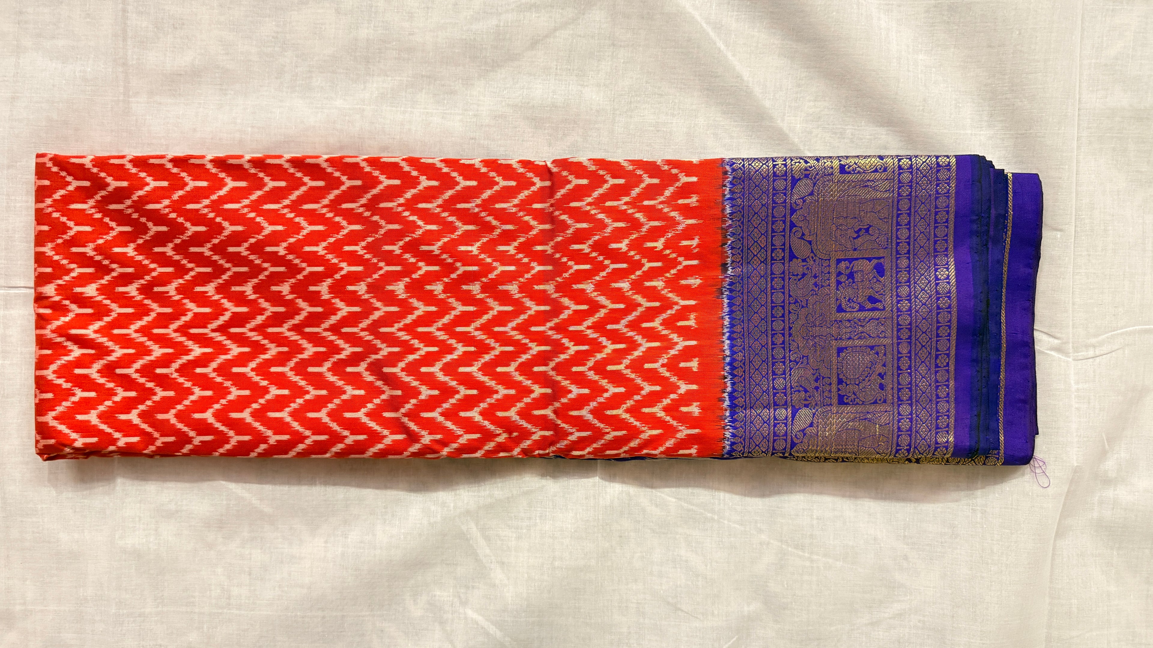 Pochampally Ikat Silk Saree – Red Zig-Zag Body with Royal Blue Kanchi Border & Gold Zari Weave THS-9