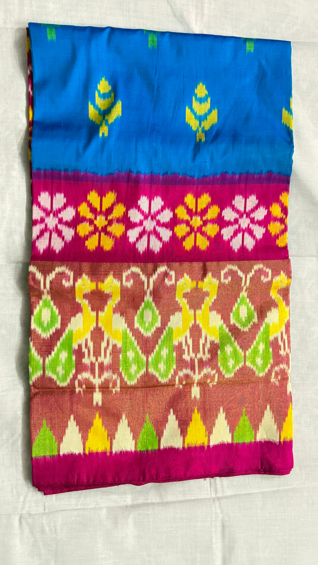 Blue Pochampally Ikat Pure Silk Saree with Pink Peacock Ikat Pallu & Copper Zari Border THS-3