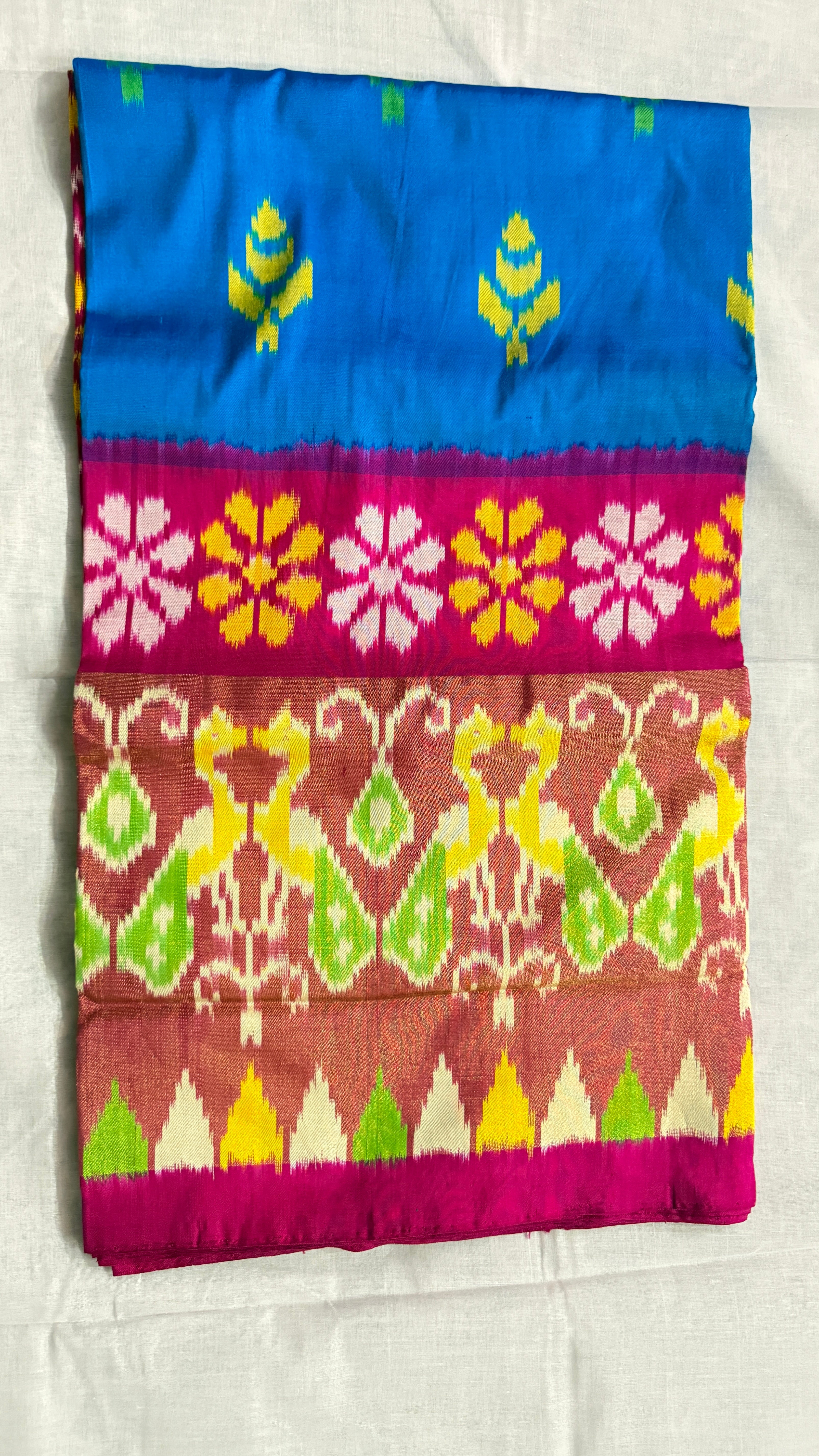 Blue Pochampally Ikat Pure Silk Saree with Pink Peacock Ikat Pallu & Copper Zari Border THS-3