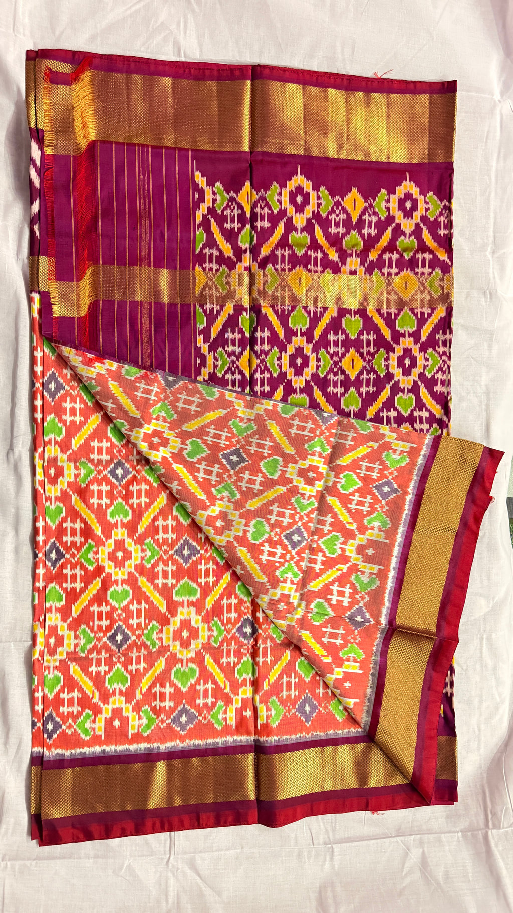 Magenta & Orange Pochampally Ikat Pure Silk Saree with Zari Border – Handloom & Silk Mark Certified ths-15