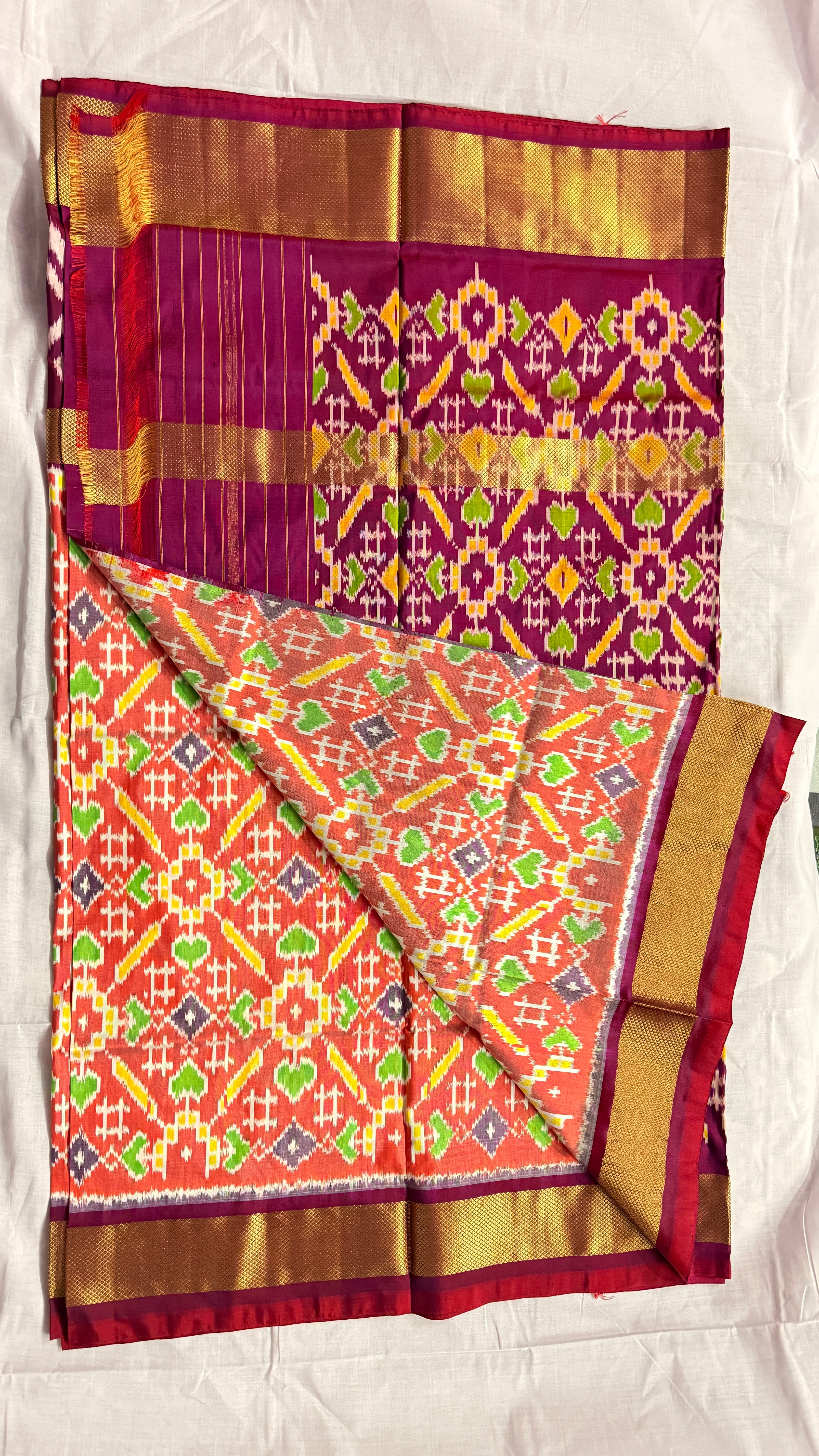 Magenta & Orange Pochampally Ikat Pure Silk Saree with Zari Border – Handloom & Silk Mark Certified ths-15