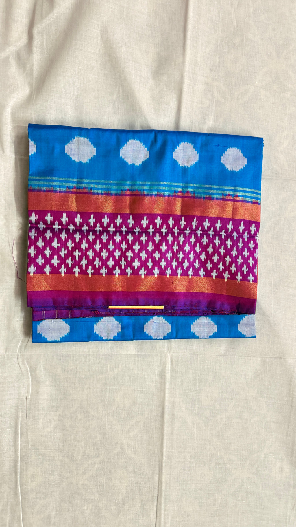 Blue & Pink Pochampally Ikat Pure Silk Saree with Diamond Ikat Pallu & Copper Zari Border THS-4