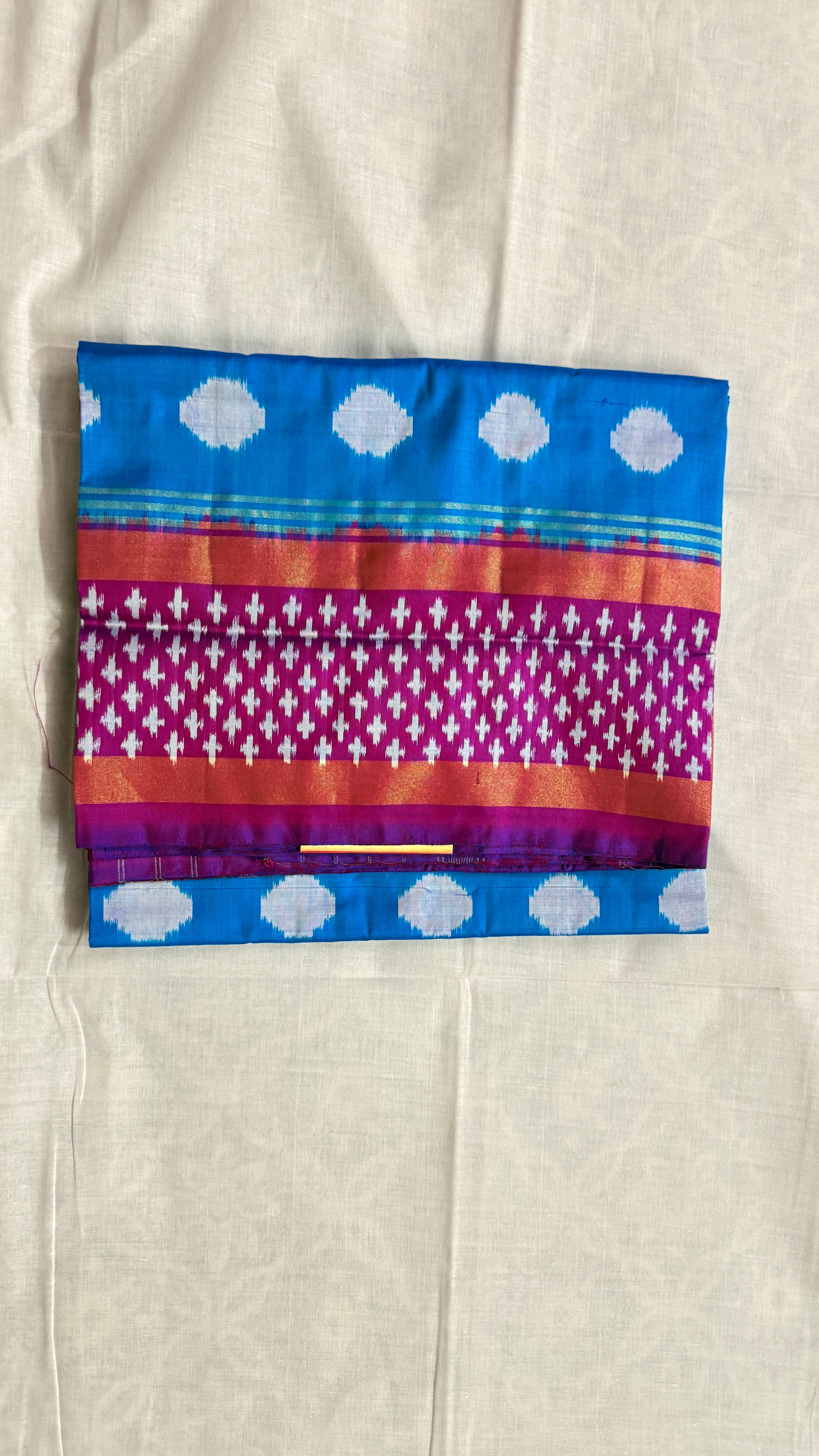 Blue & Pink Pochampally Ikat Pure Silk Saree with Diamond Ikat Pallu & Copper Zari Border THS-4