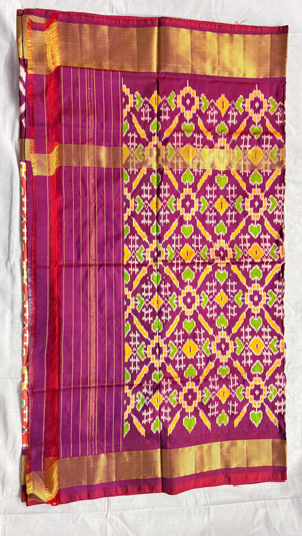 Magenta & Orange Pochampally Ikat Pure Silk Saree with Zari Border – Handloom & Silk Mark Certified ths-15