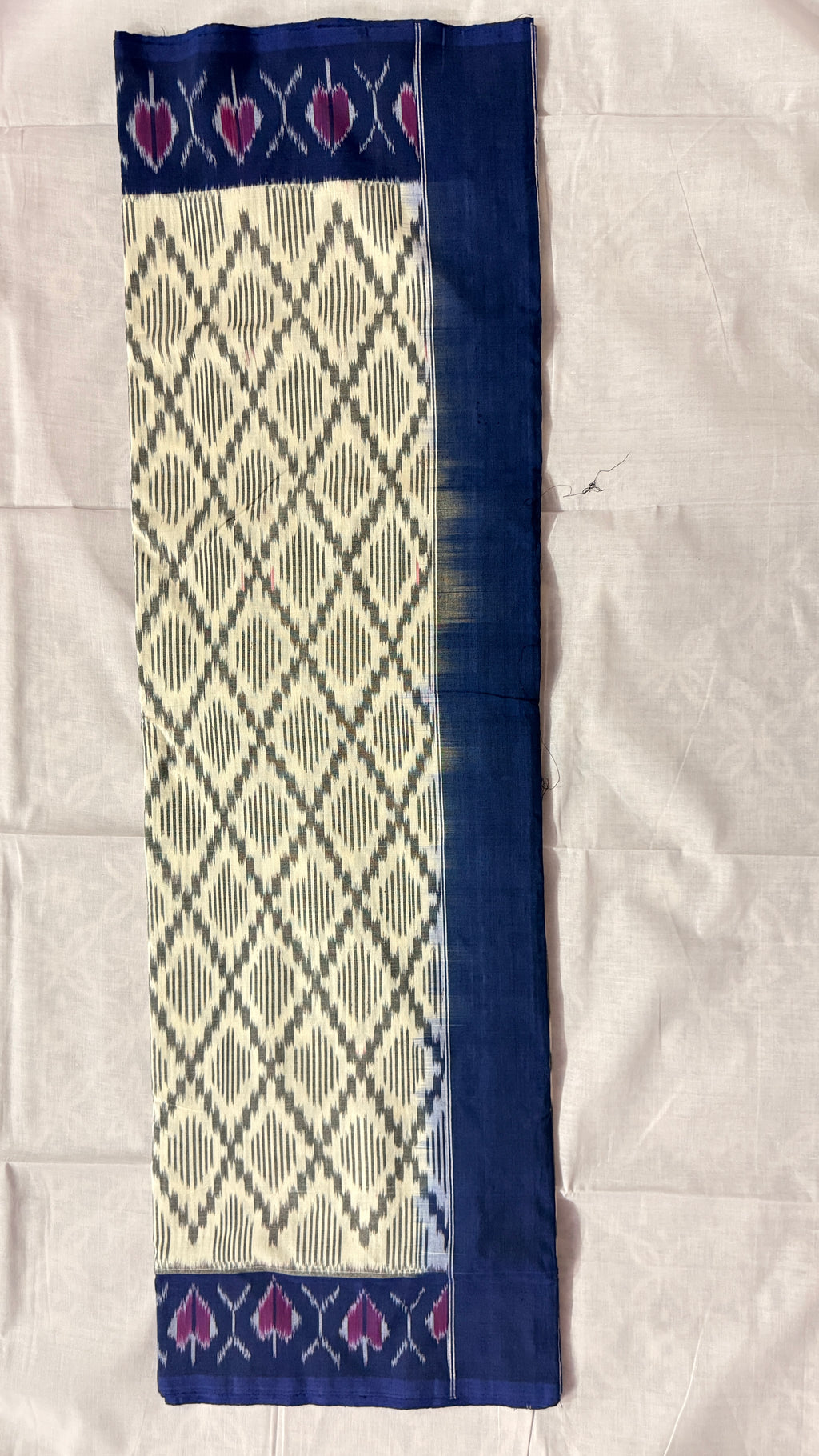 Cream & Navy Blue Pochampally Ikat Pure Cotton Saree with Geometric Body & Floral Ikat Border THC-3