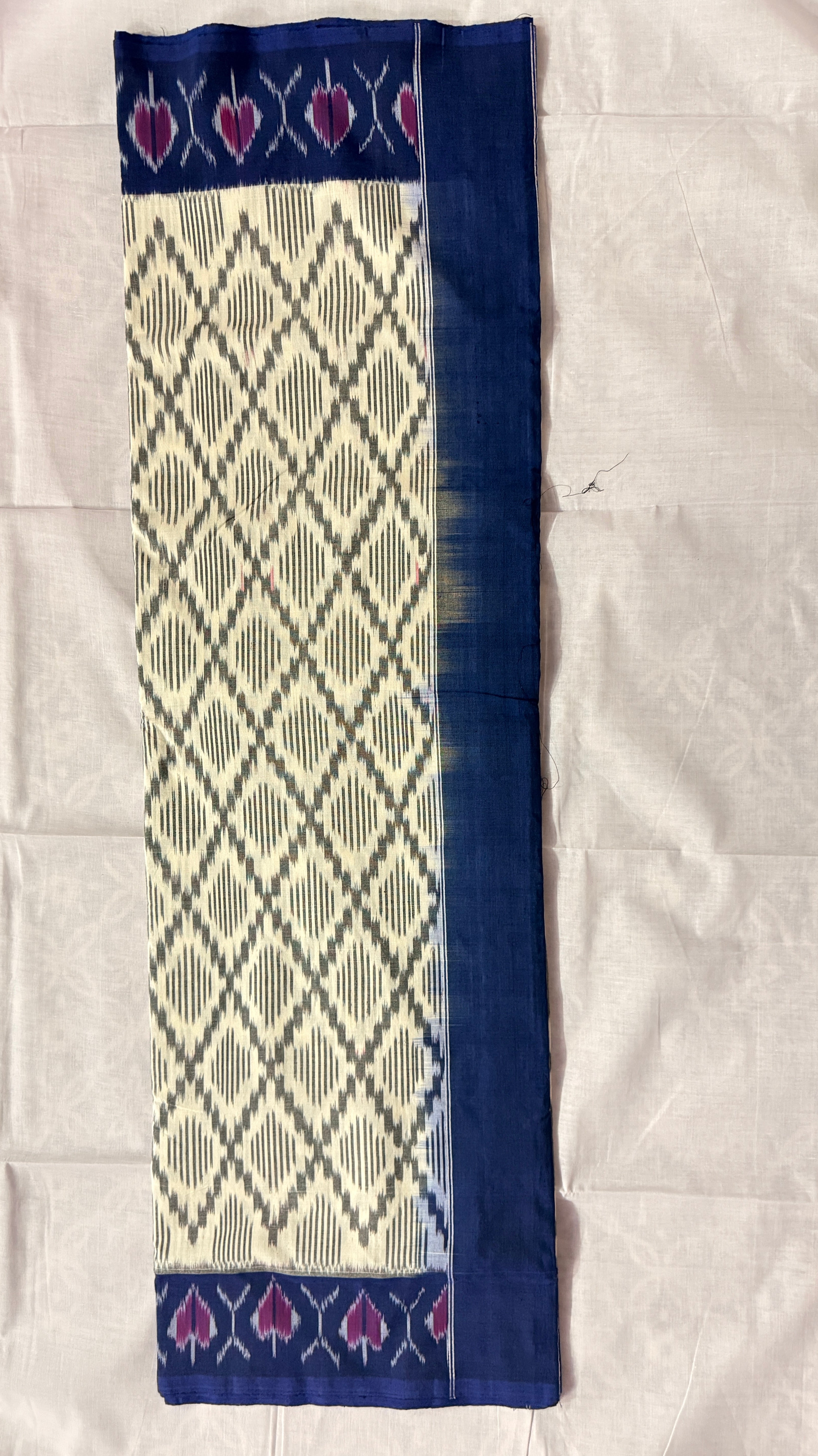 Cream & Navy Blue Pochampally Ikat Pure Cotton Saree with Geometric Body & Floral Ikat Border THC-3