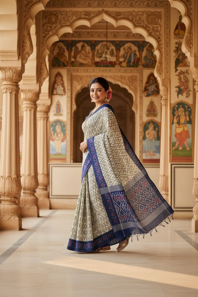 Cream & Navy Blue Pochampally Ikat Pure Cotton Saree with Geometric Body & Floral Ikat Border THC-3