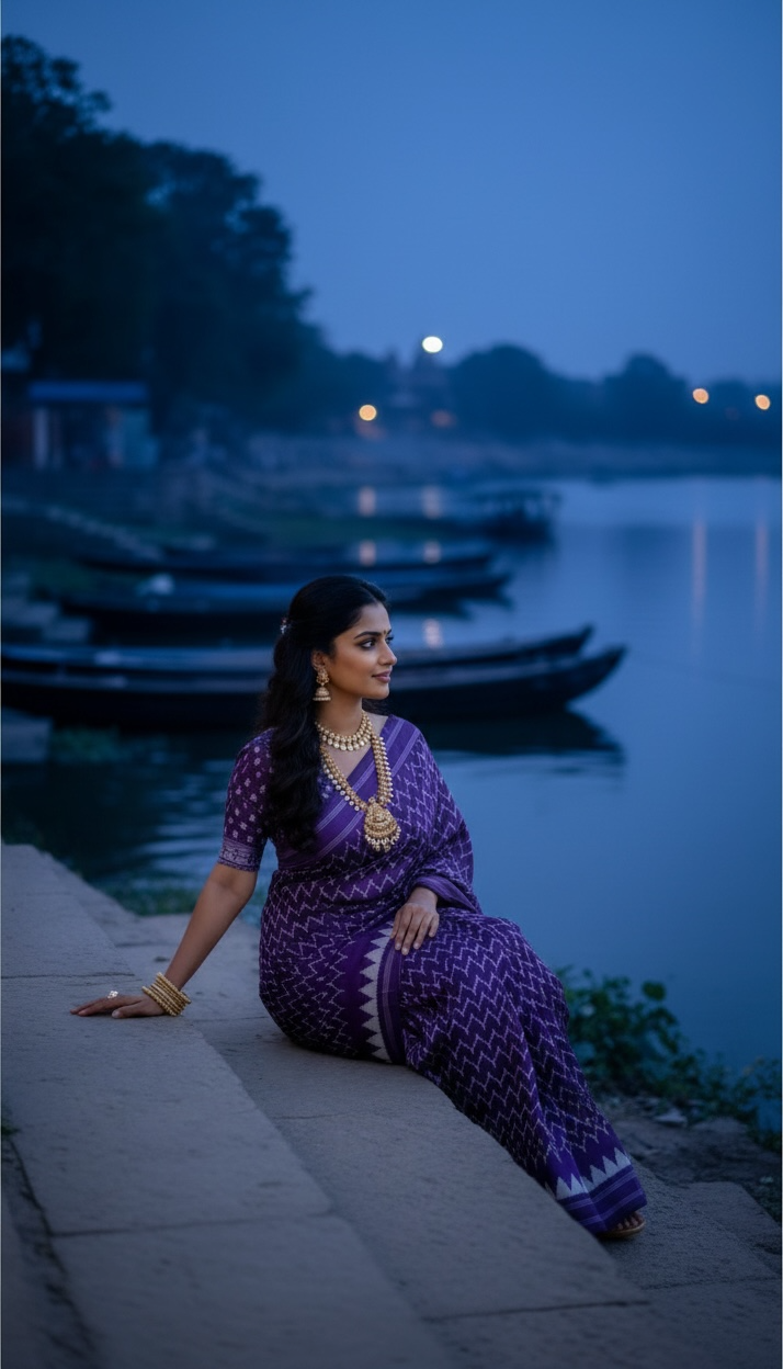 Purple Pochampally Ikat Pure Silk Saree with White Zig-Zag Motifs & Minimal Border THS-6