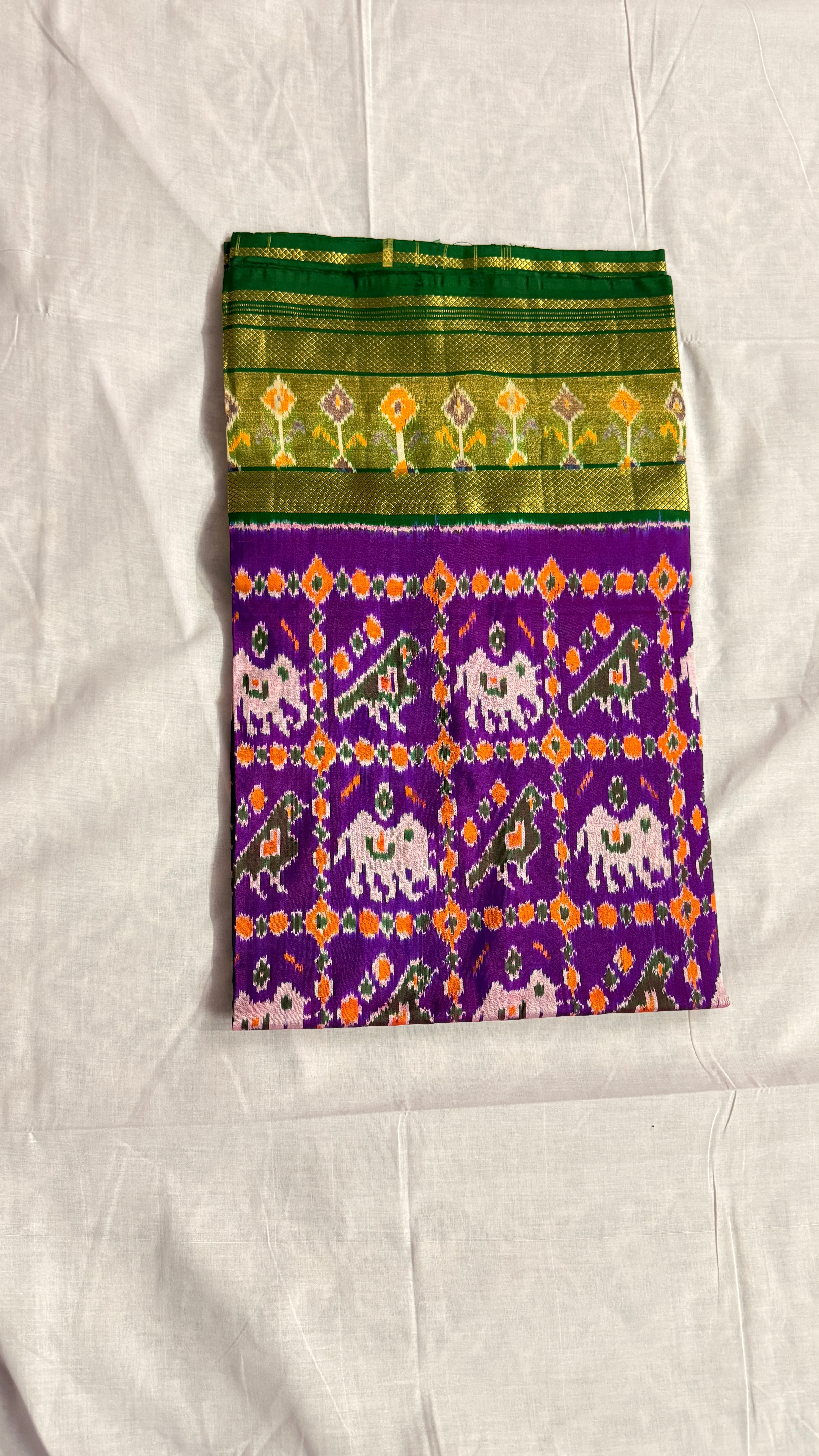 Pochampally Ikat Pure Silk Saree – Green & Purple | Handwoven Elephant Motif Pallu | Rich Gold Zari Border