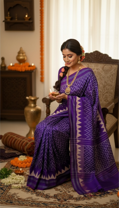 Blue-Violet Pochampally Ikat Pure Silk Saree with White Zig-Zag Motifs & Striped Border THS-5