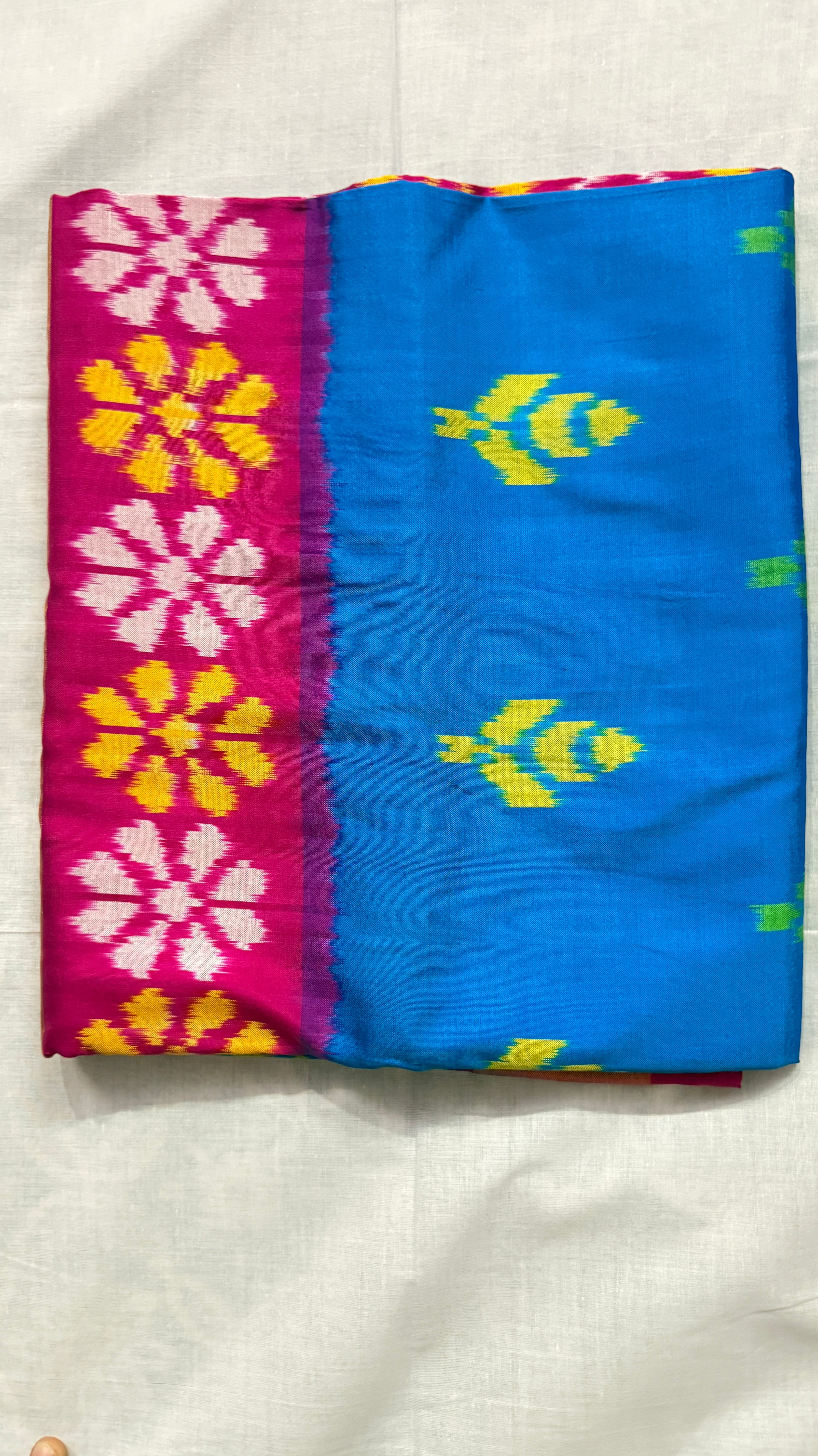 Blue Pochampally Ikat Pure Silk Saree with Pink Peacock Ikat Pallu & Copper Zari Border THS-3
