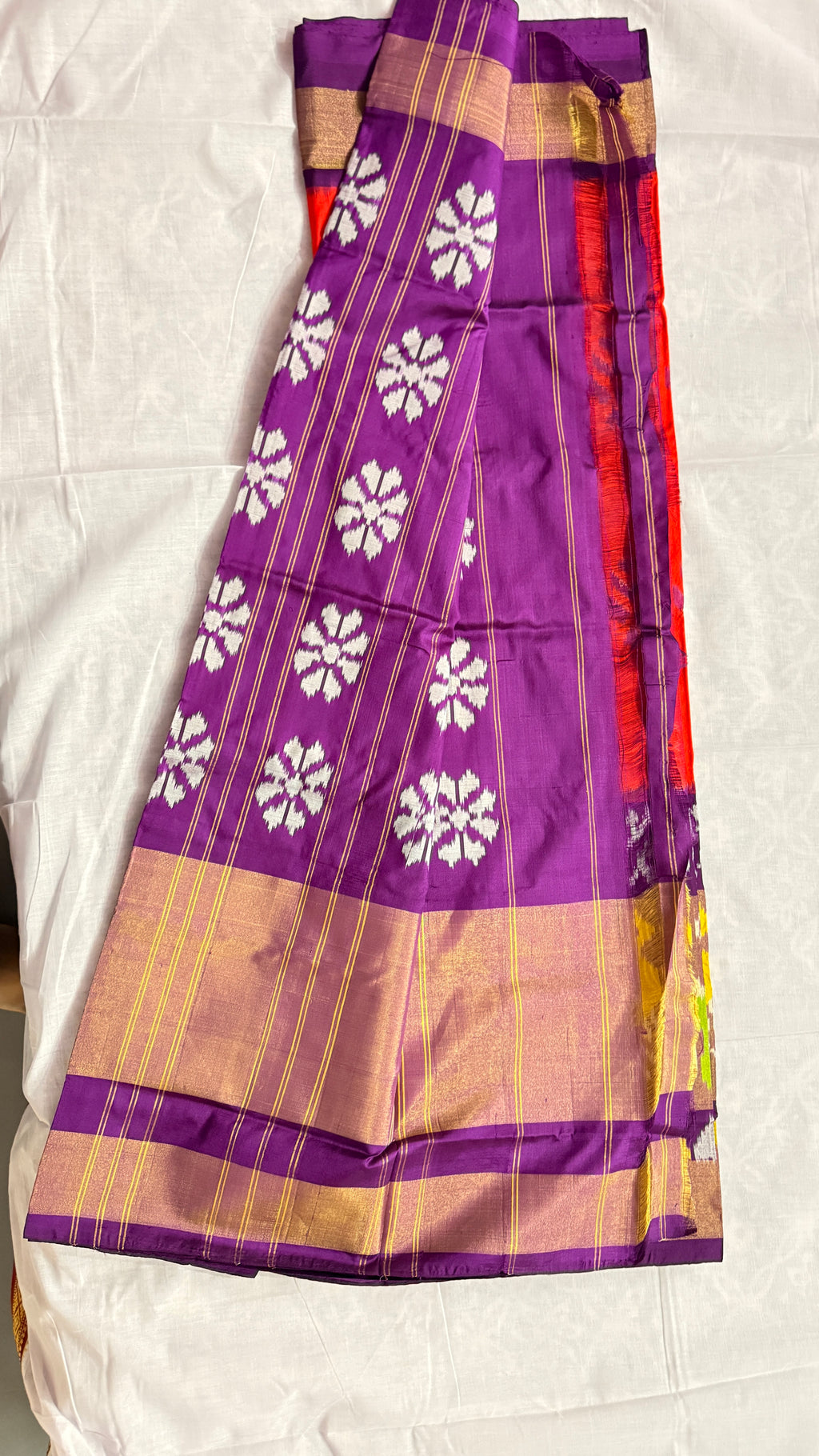 Pochampally Ikat Pure Silk Saree – Red & Purple with Peacock and Floral Motifs ths-22