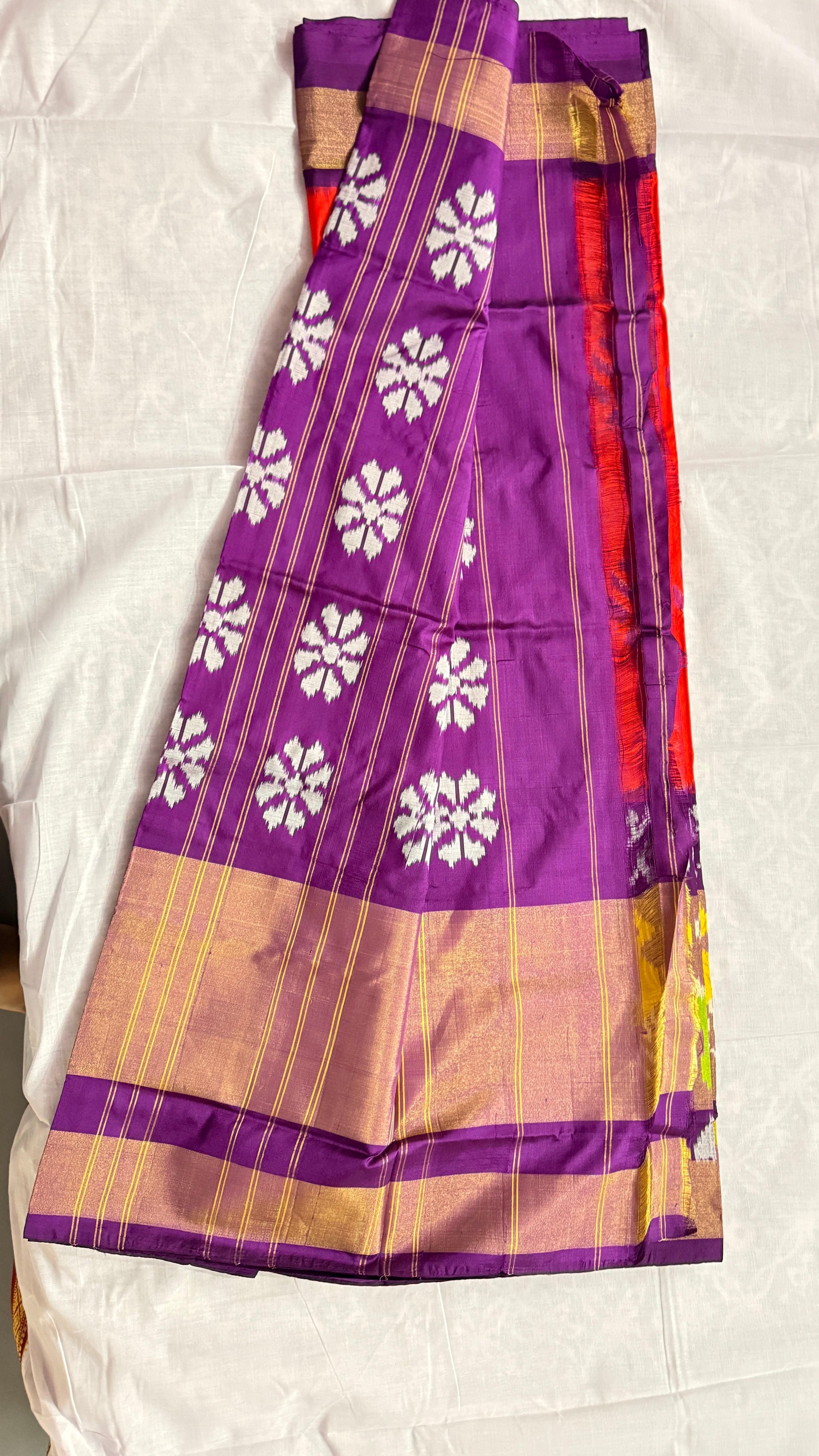 Pochampally Ikat Pure Silk Saree – Red & Purple with Peacock and Floral Motifs ths-22