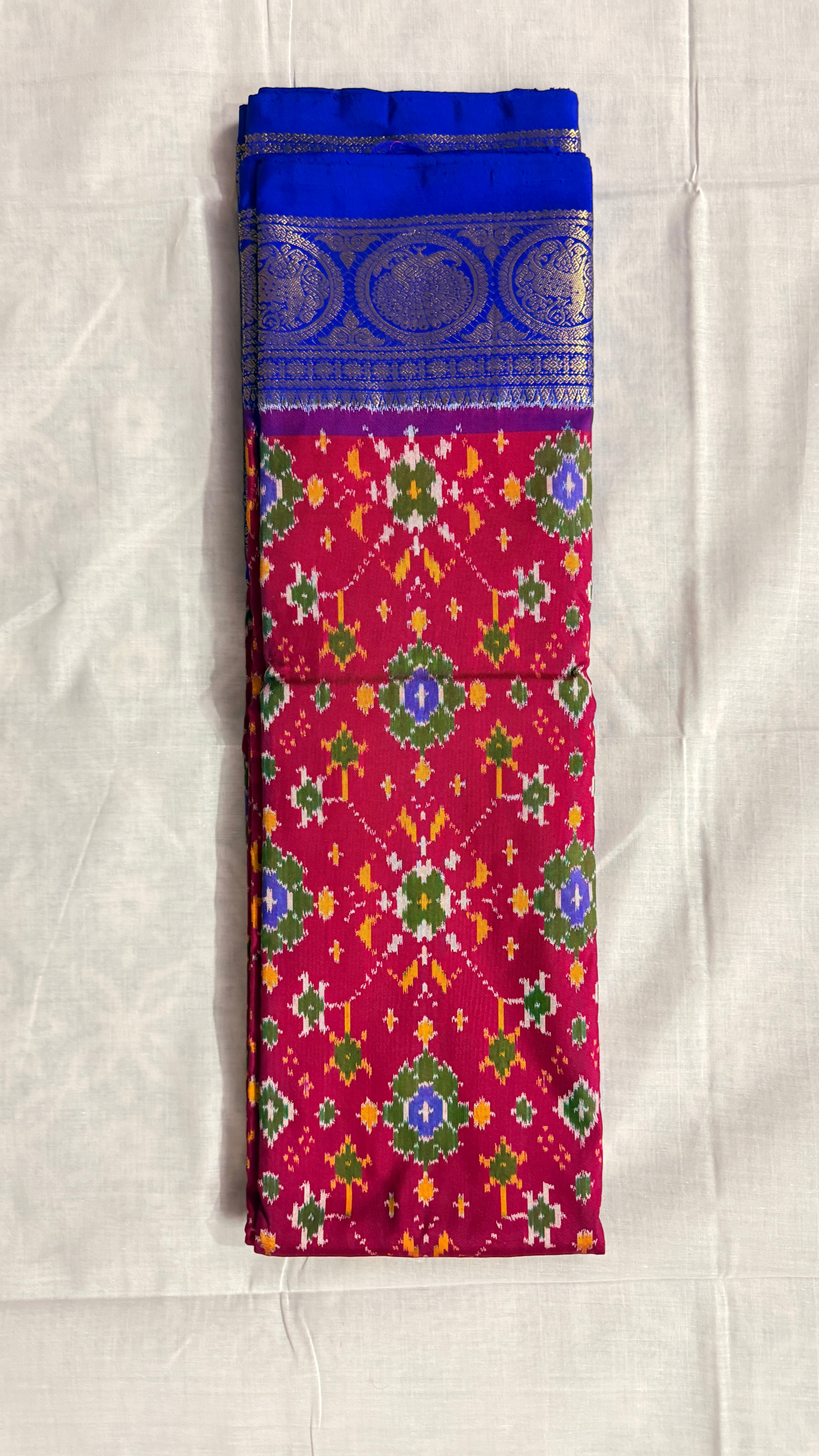 Pochampally Ikat Pure Silk Saree – with Kanchi Royal Blue Border with Red Body & Gold Peacock Zari THS -8