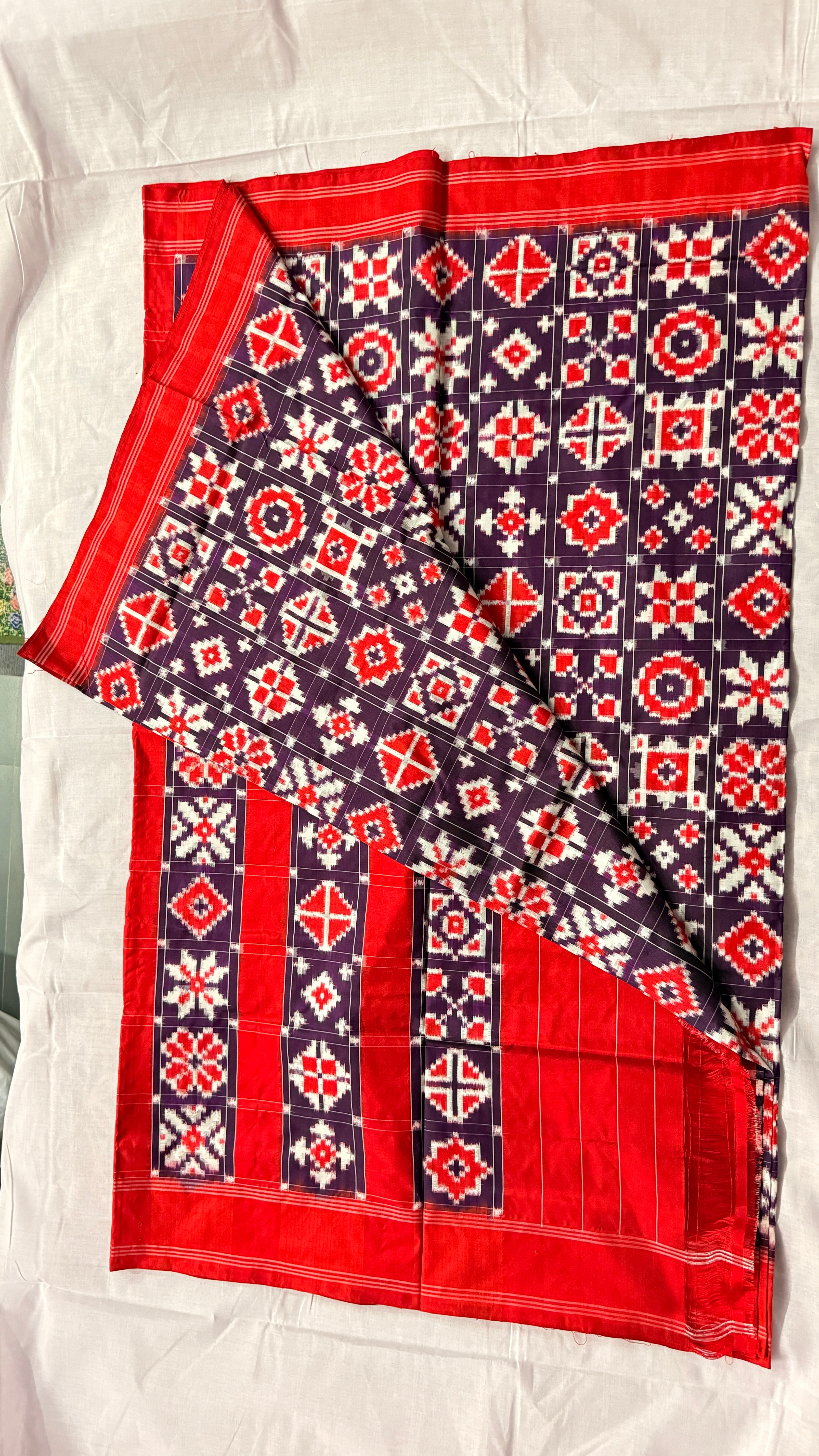 Red & Purple Double Ikat Pochampally Pure Silk Saree – Geometric Tile Design | Handloom & Silk Mark Certified ths-16