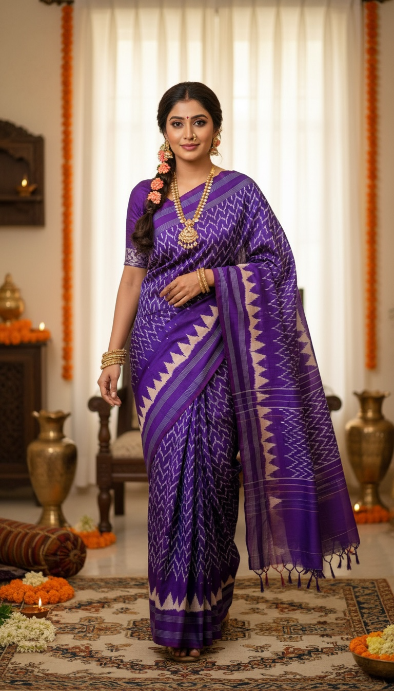 Blue-Violet Pochampally Ikat Pure Silk Saree with White Zig-Zag Motifs & Striped Border THS-5