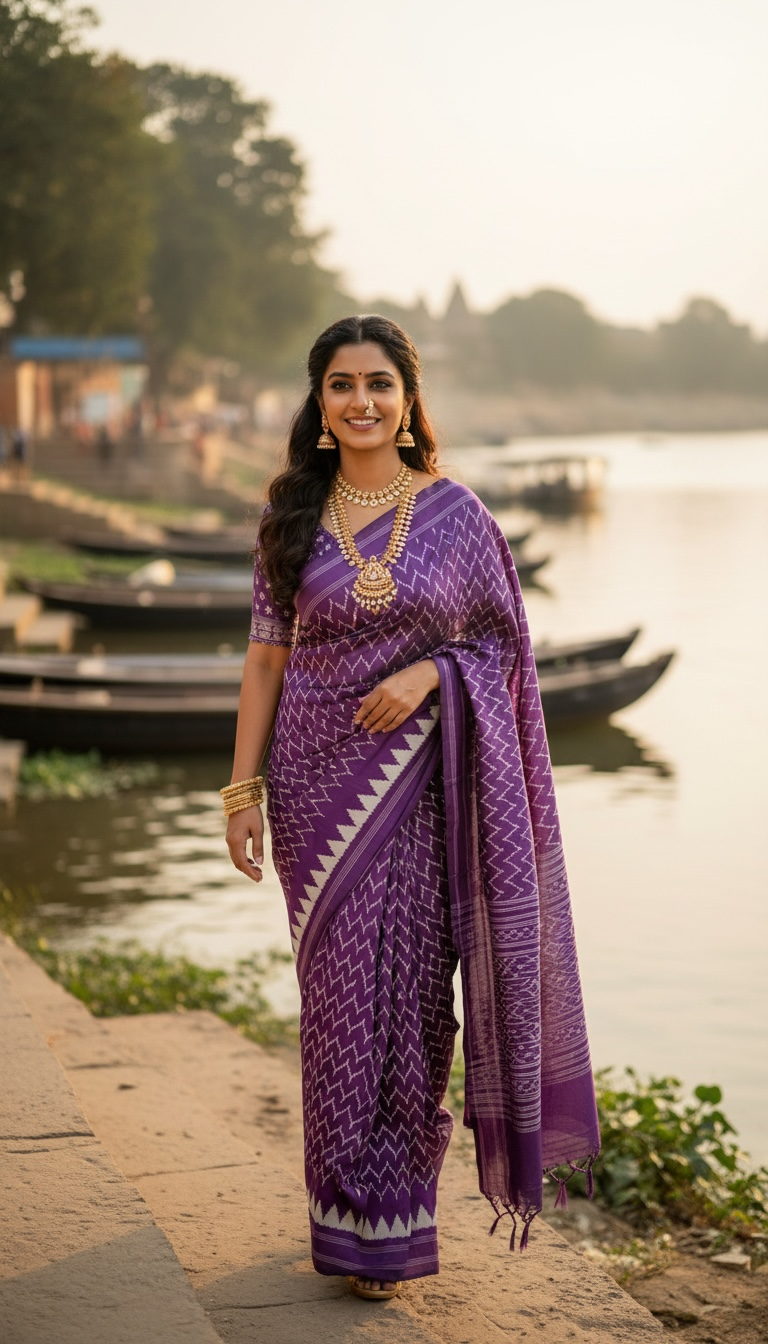 Purple Pochampally Ikat Pure Silk Saree with White Zig-Zag Motifs & Minimal Border THS-6