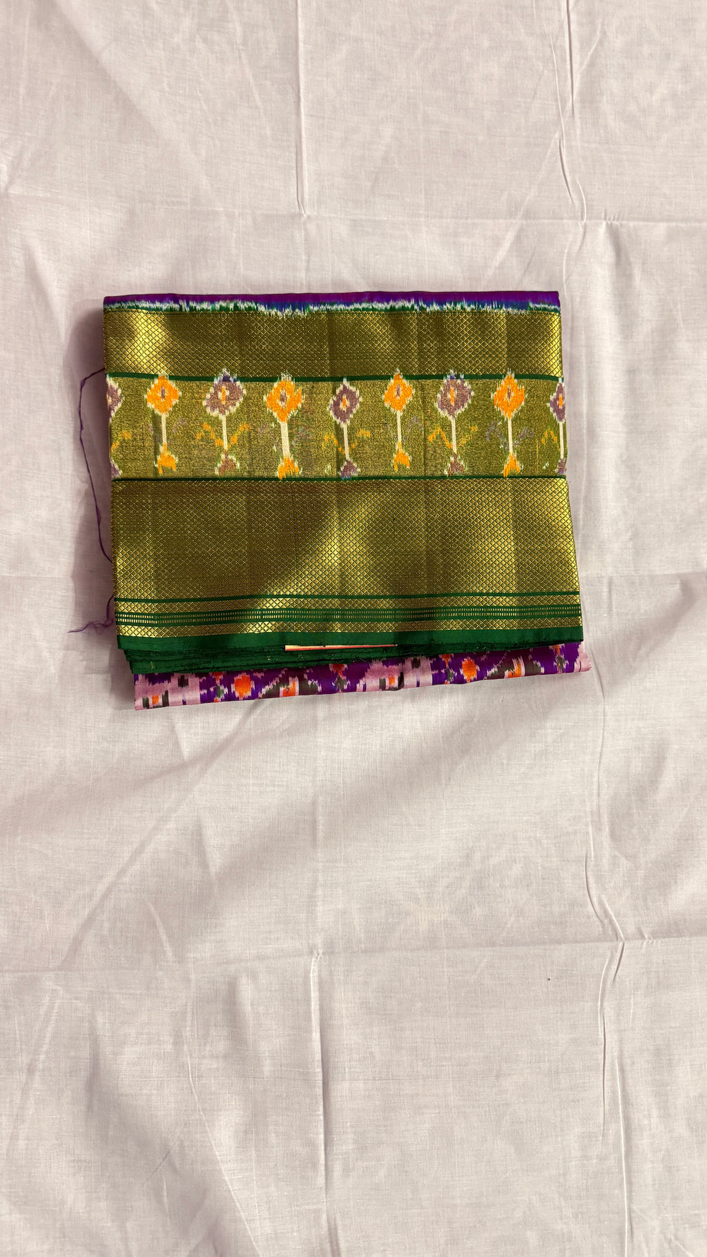 Pochampally Ikat Pure Silk Saree – Green & Purple | Handwoven Elephant Motif Pallu | Rich Gold Zari Border