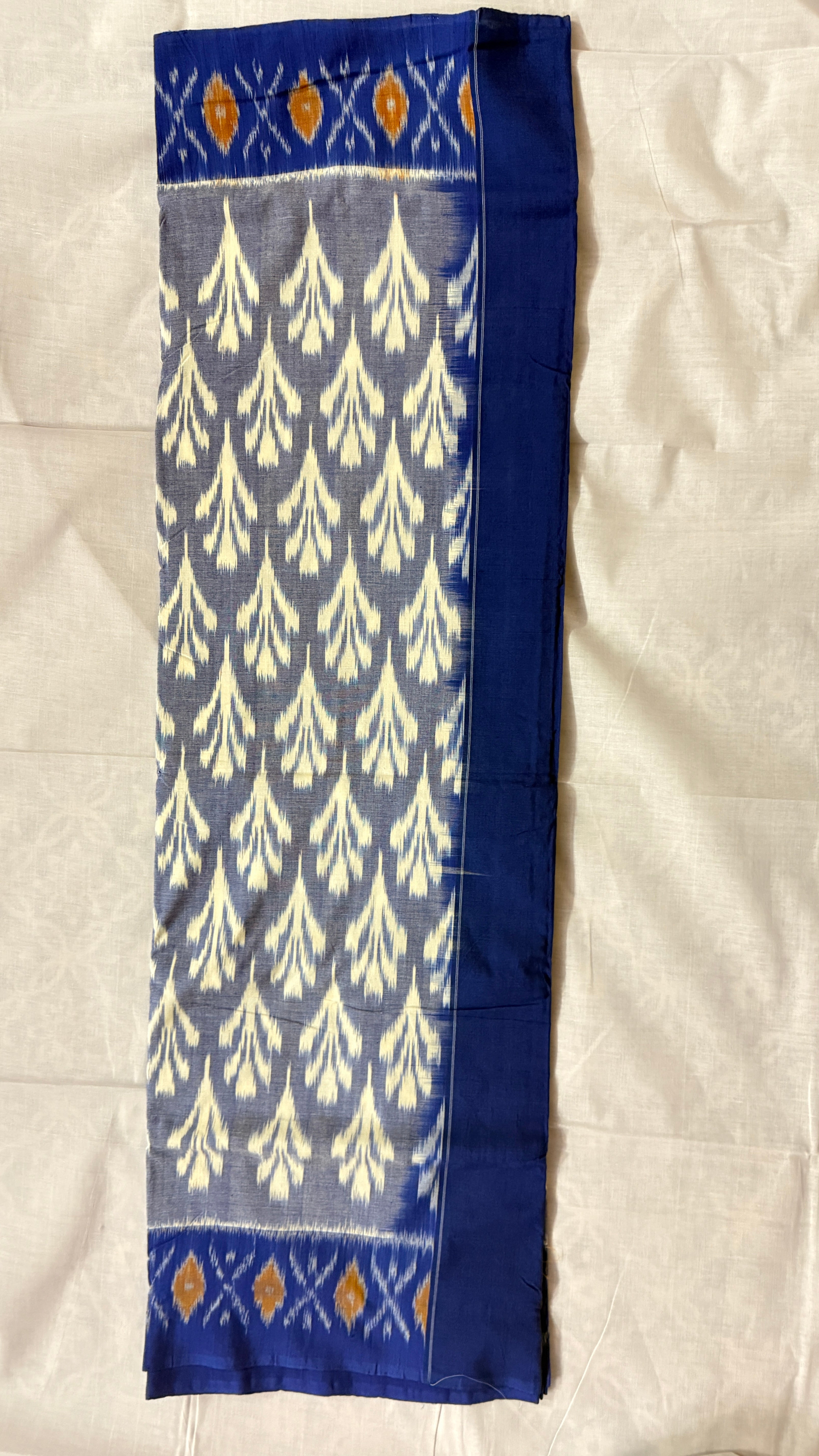 Grey & Royal Blue Pochampally Ikat Pure Cotton Saree with Cream Floral Body & Traditional Ikat Pallu THC-2