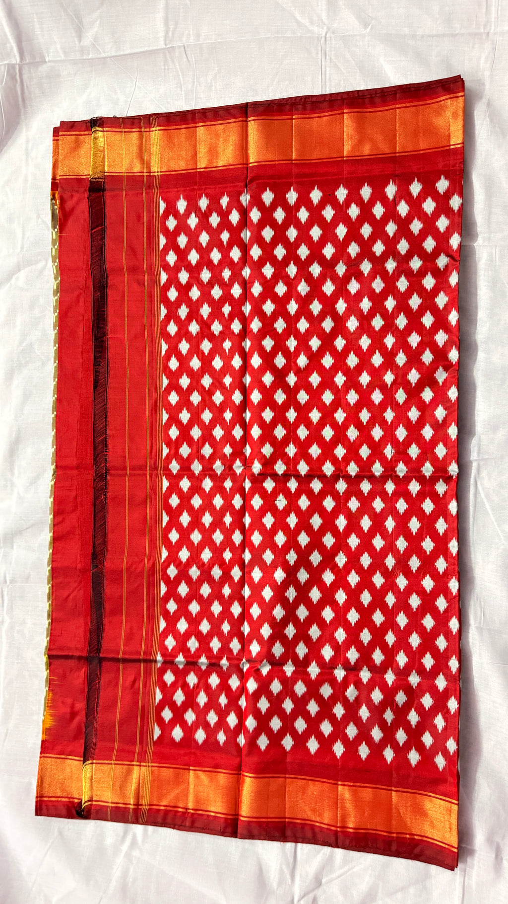 Handwoven Olive Green Ikat Silk Saree with Red–Orange Kaddi Border & Silk Mark Certified ths-18