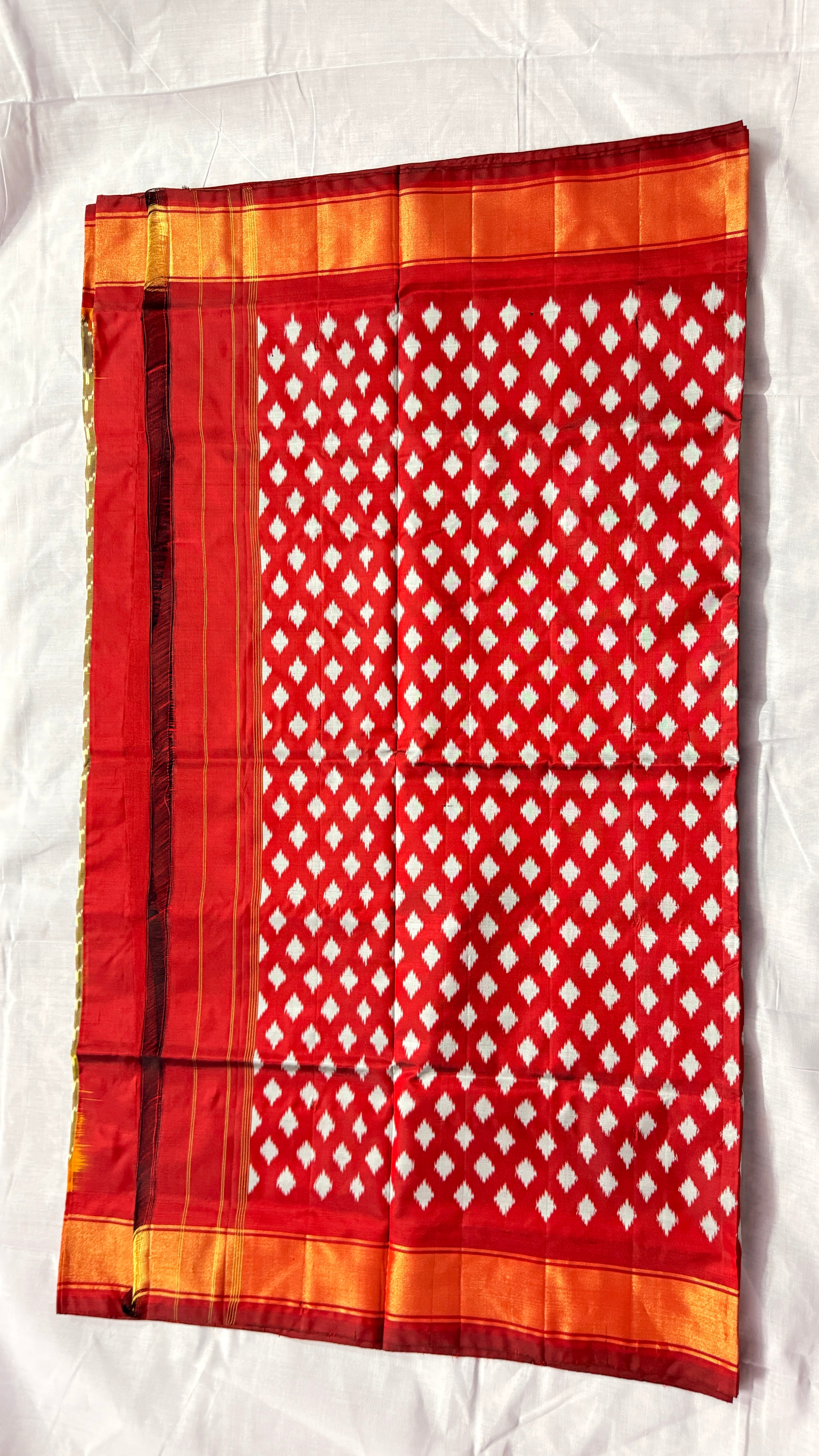 Handwoven Olive Green Ikat Silk Saree with Red–Orange Kaddi Border & Silk Mark Certified ths-18