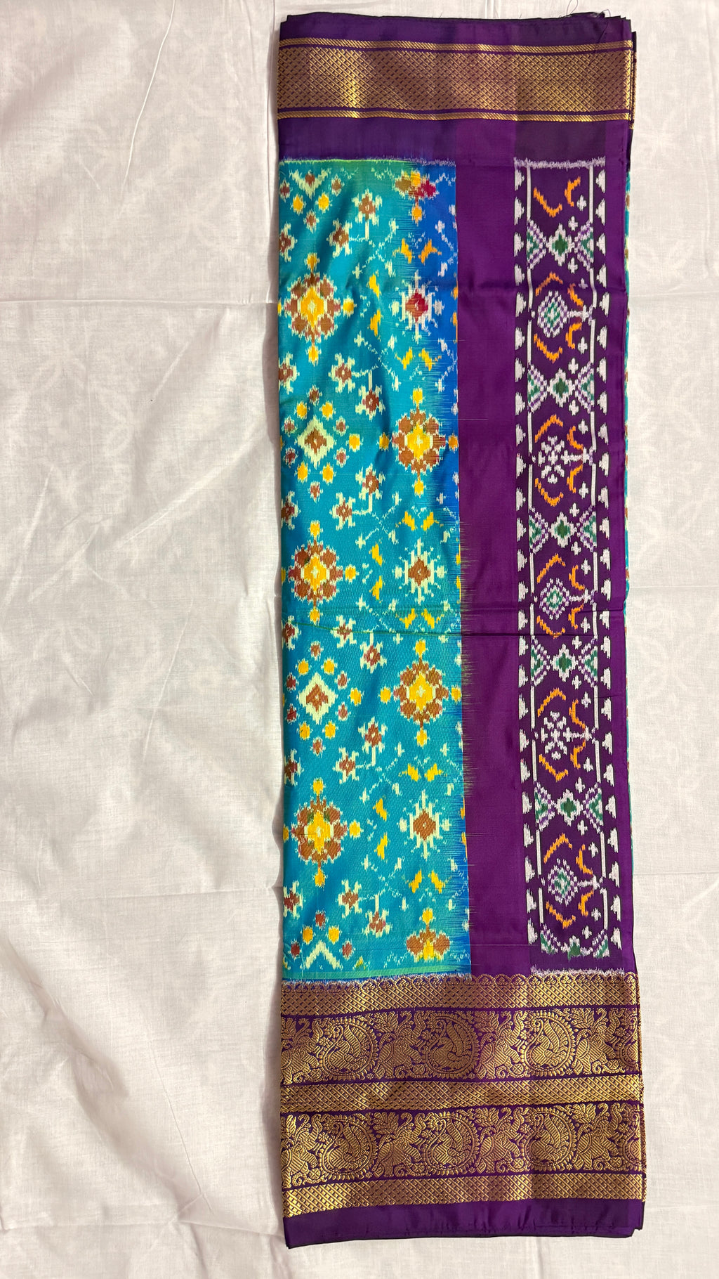 Pochampally Ikat Pure Silk Saree – Teal Blue Body with Purple Rich Zari Border | Handloom | Silk Mark Certified THS -12